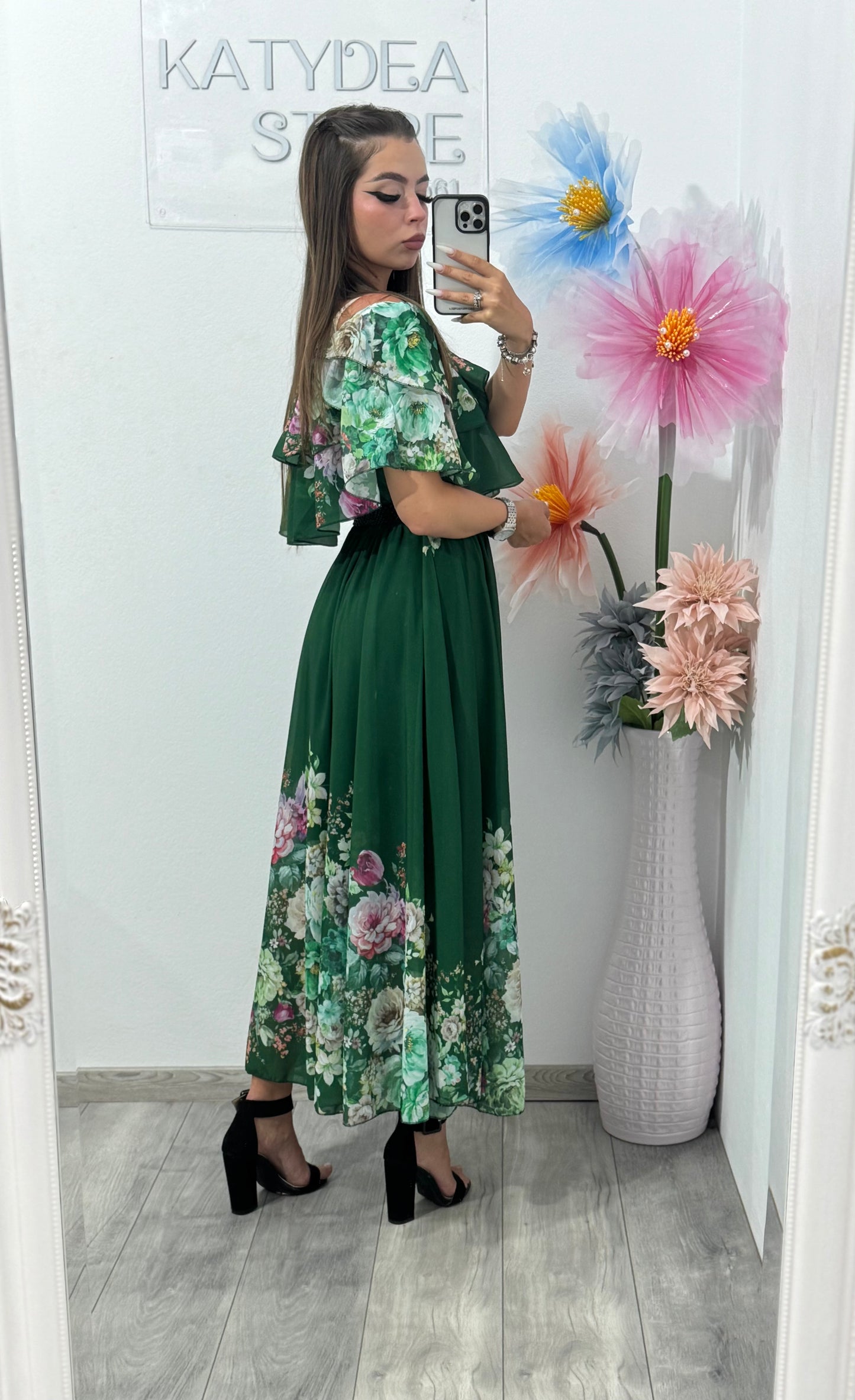Rochie din voal cu imprimeu verde Delilah