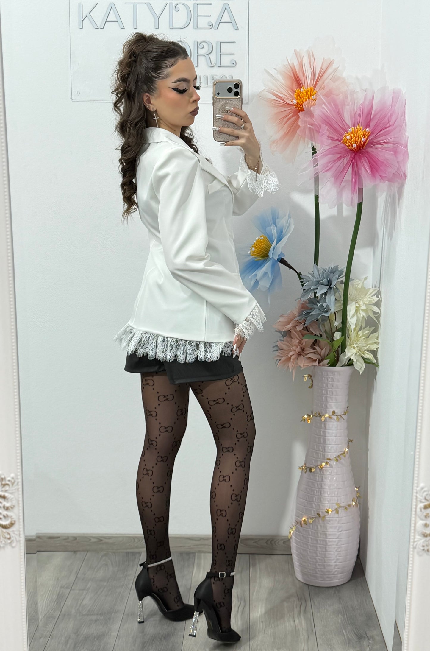 Sacou elegant cu dantelă alb HELENA