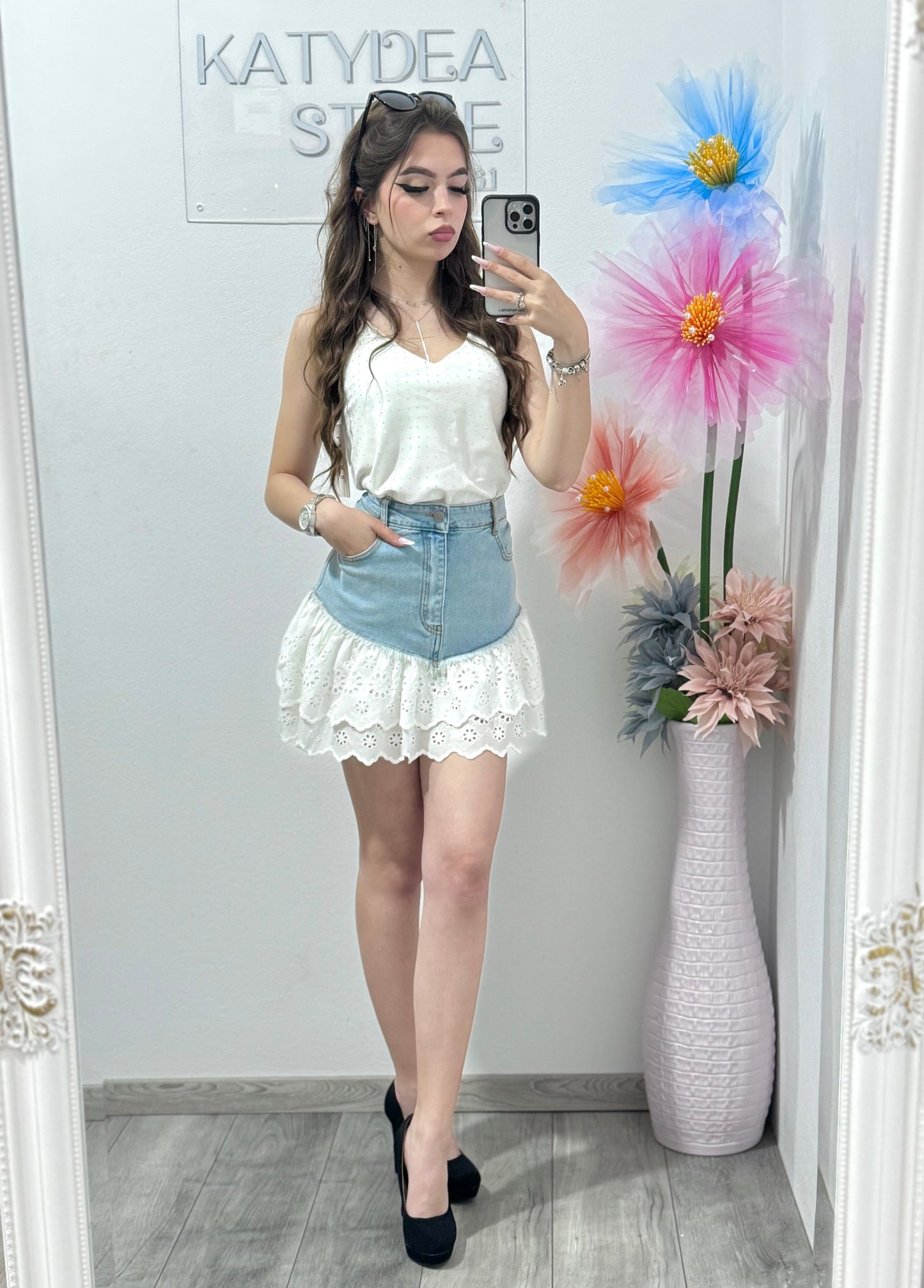 Fustă cu denim și dantelă Delia