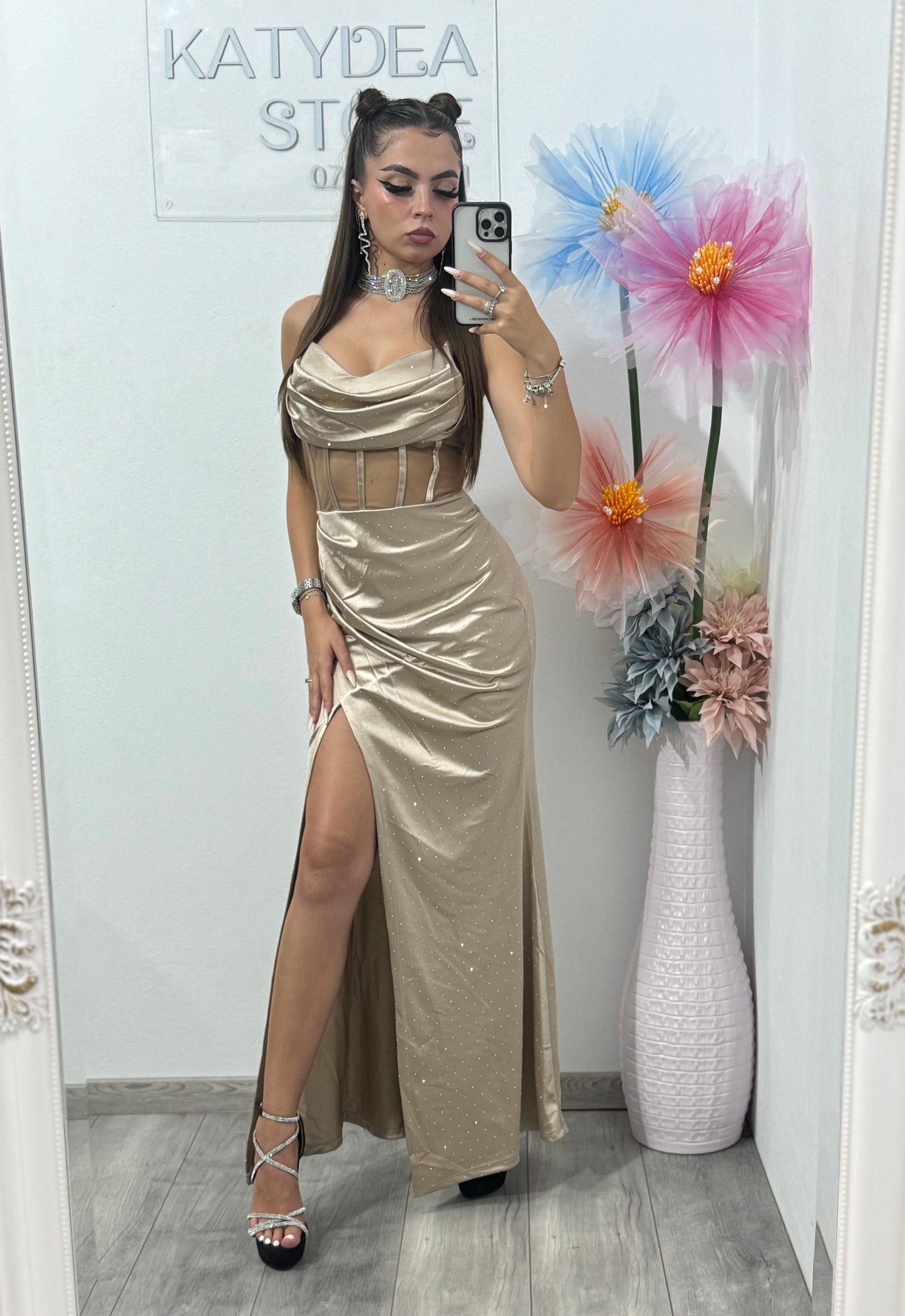 Rochie elegantă cu cristale ștanțate crem Alice