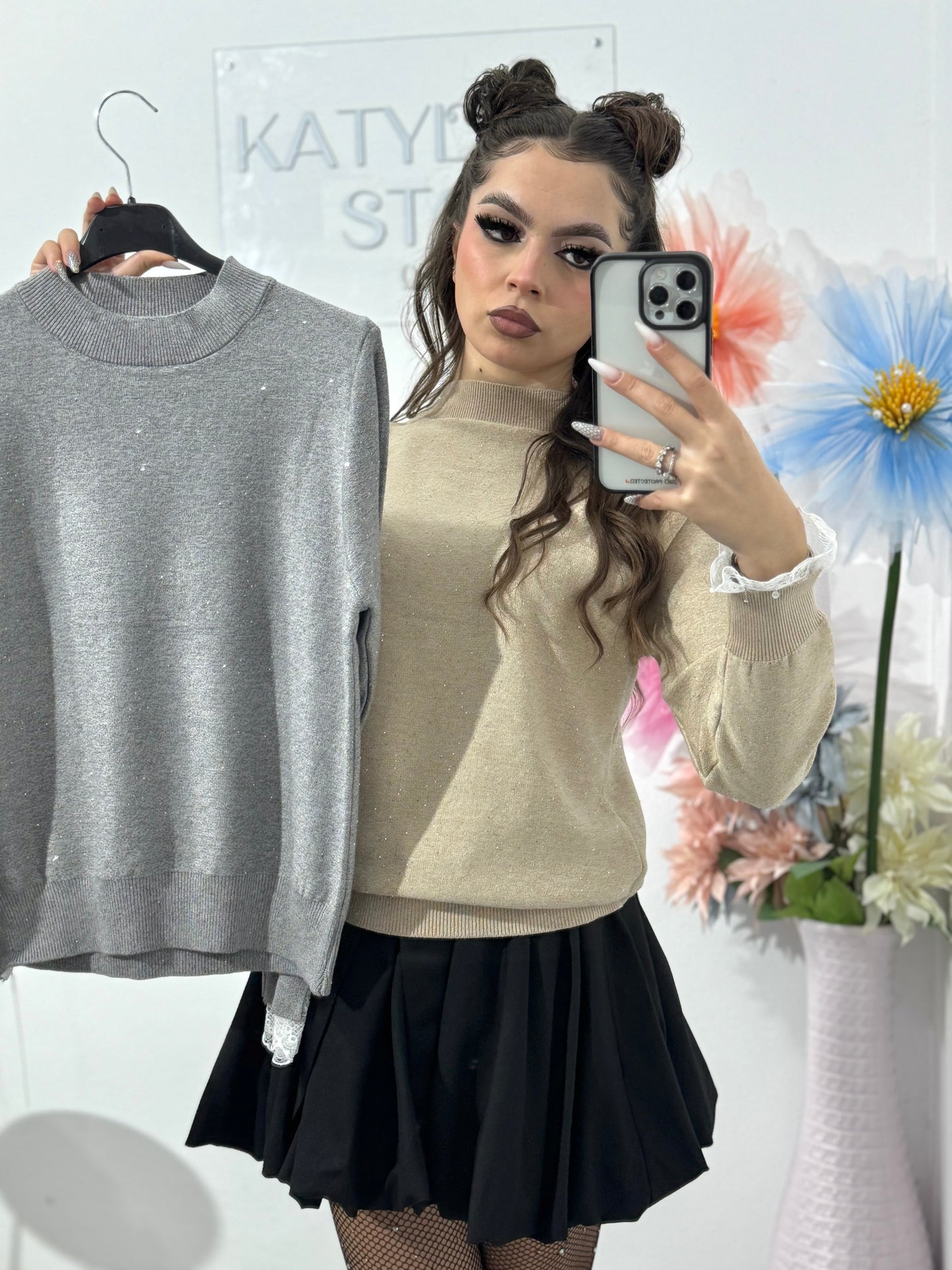 Bluza din tricot cu fir lucios și dantelă DORA