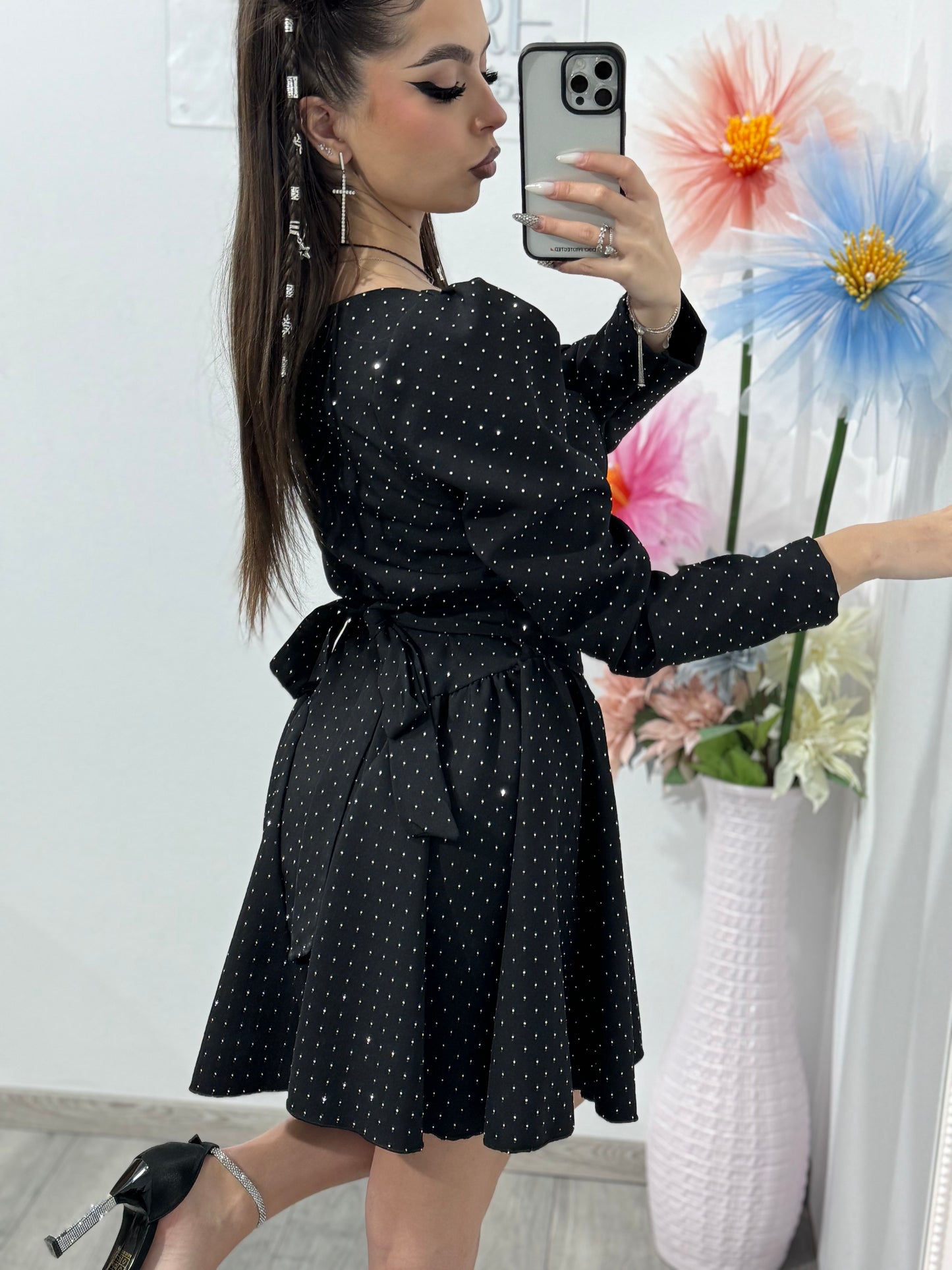 Rochie neagra cu cristale ștanțate argintii EVA