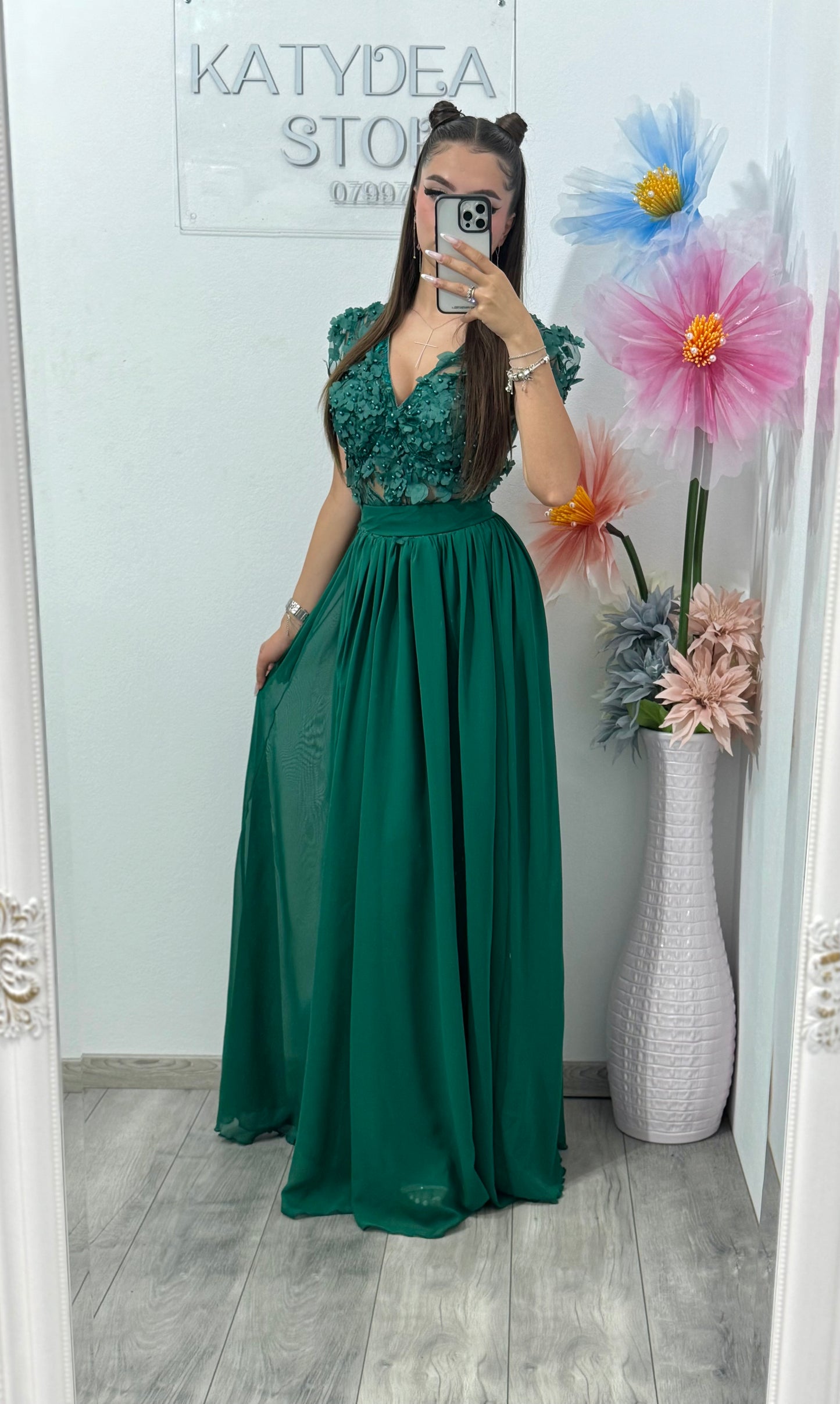 Rochie din voal cu dantelă 3D verde Lucy