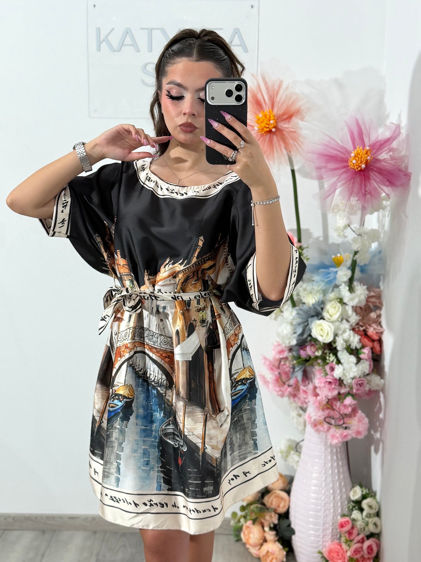 Rochie satinata cu imprimeu neagra RAYSA