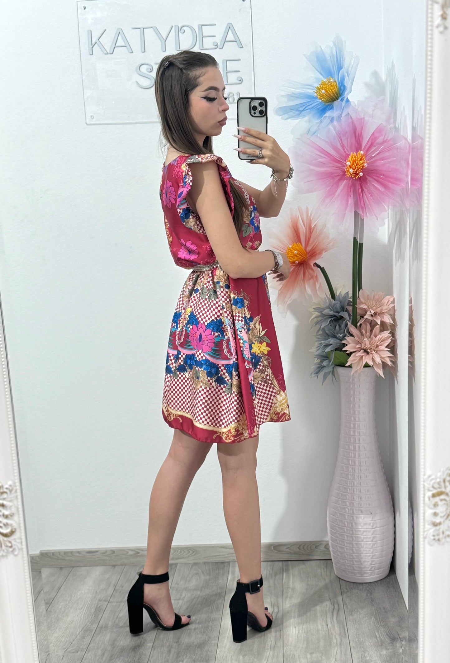 Rochie tip A satinata cu imprimeu