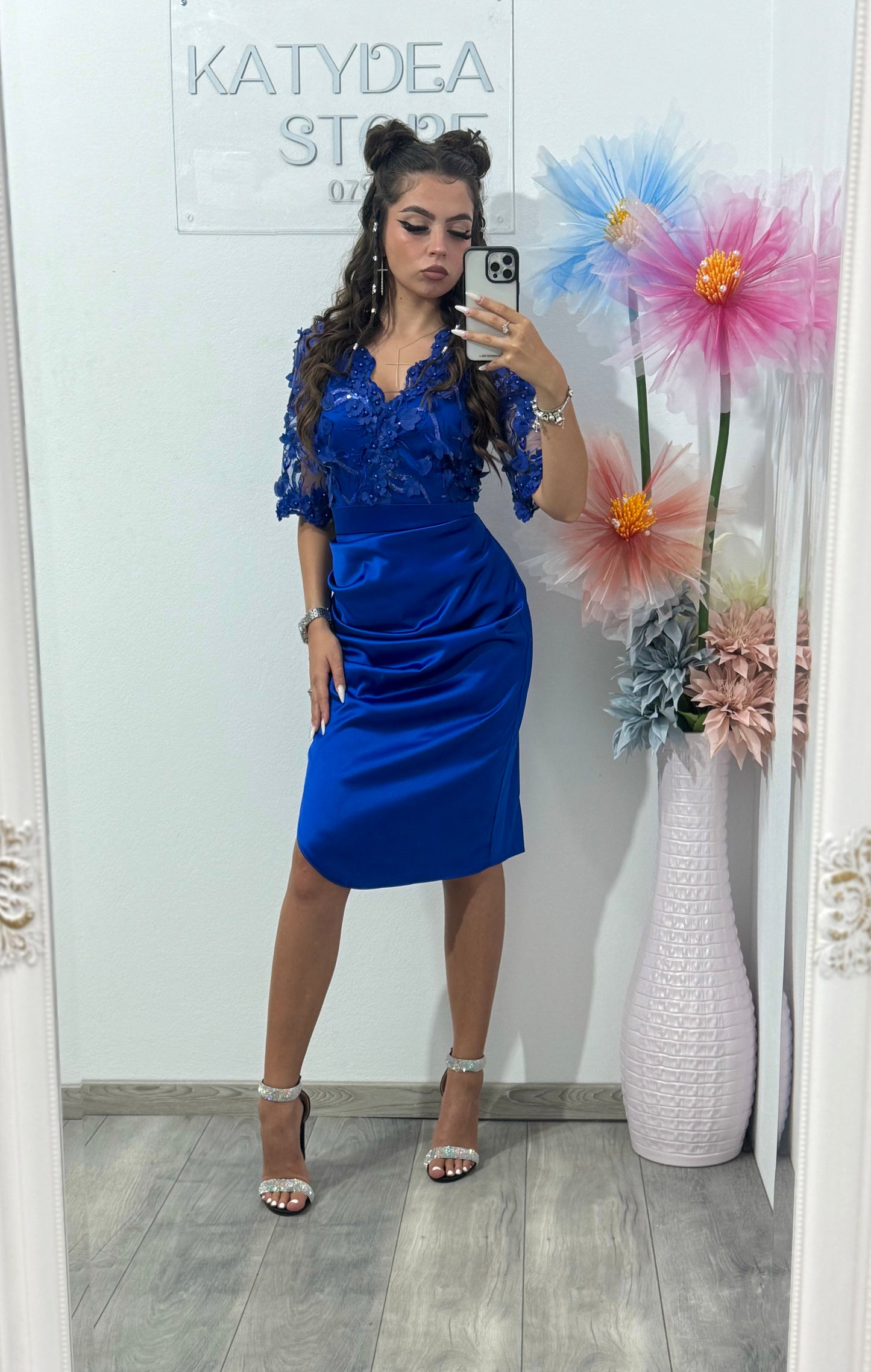 Rochie conică din tafta cu flori 3D albastru electric Aleyna