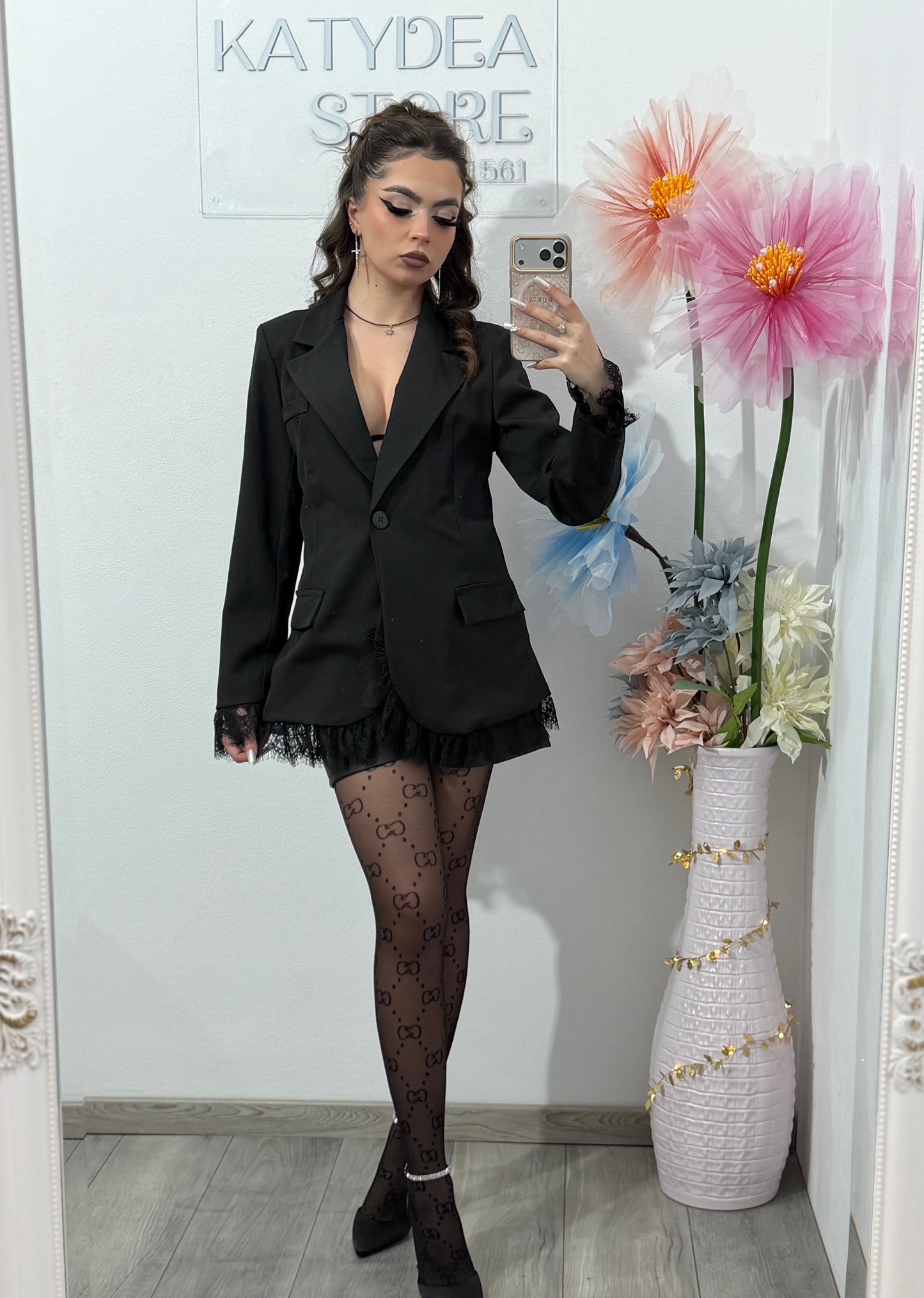 Sacou elegant cu dantelă negru HELENA