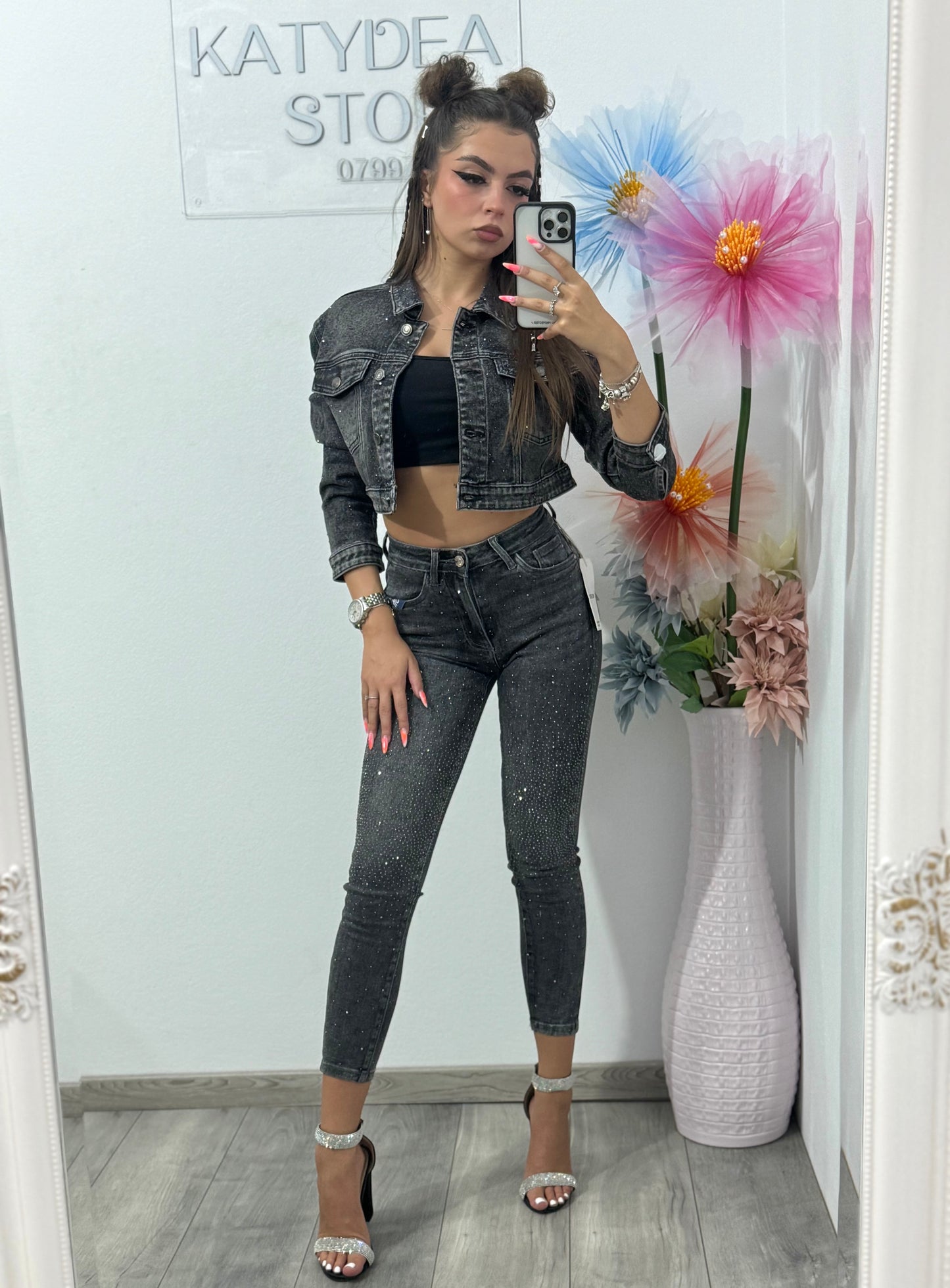 Jeans skinny grey cu cristale Anne