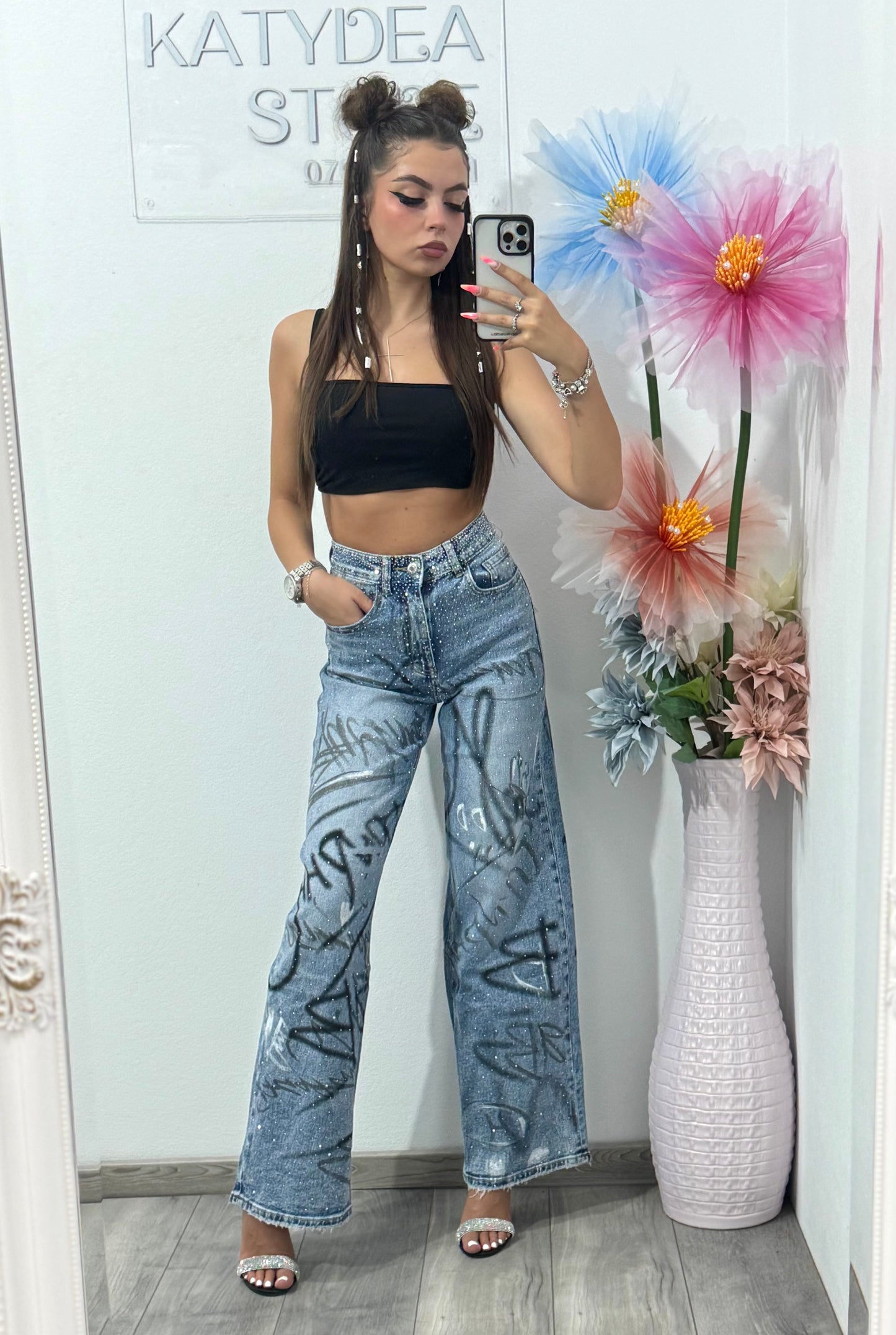 Jeans WideLeg cu cristale și grafiti Daiana