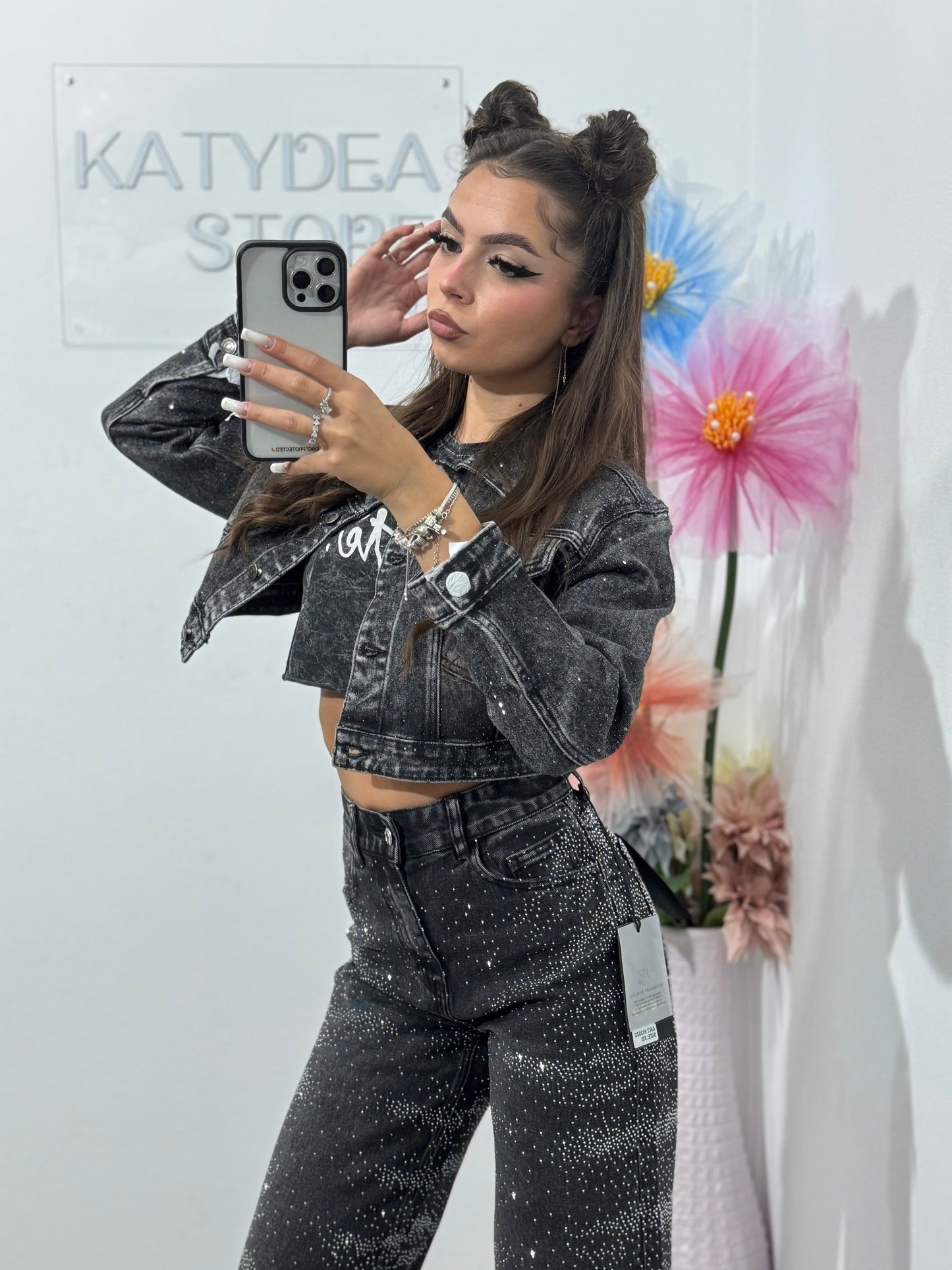 Jeans WideLeg cu cristale ștanțate Glam
