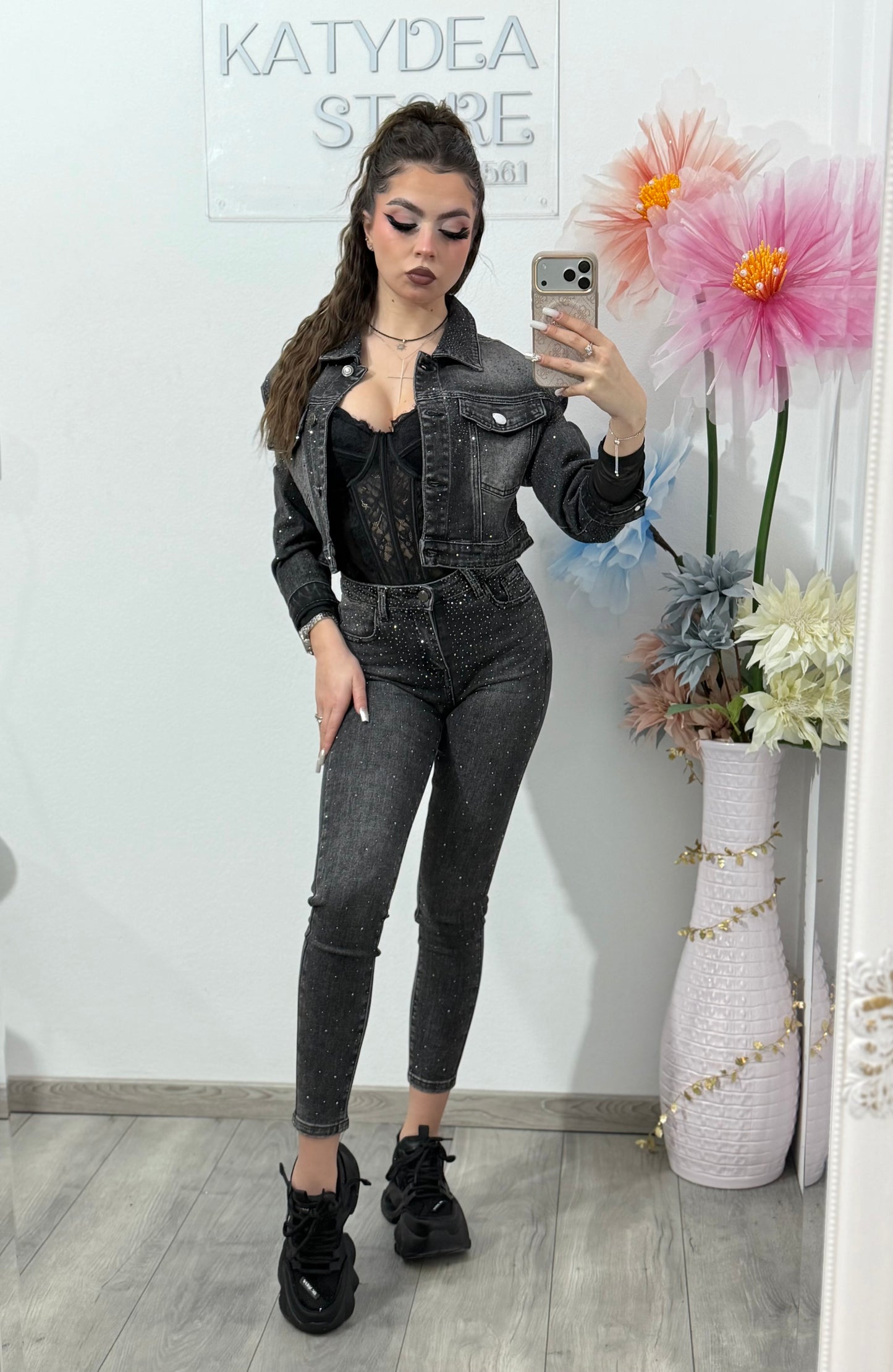 Jeans skinny gri cu cristale DANNA