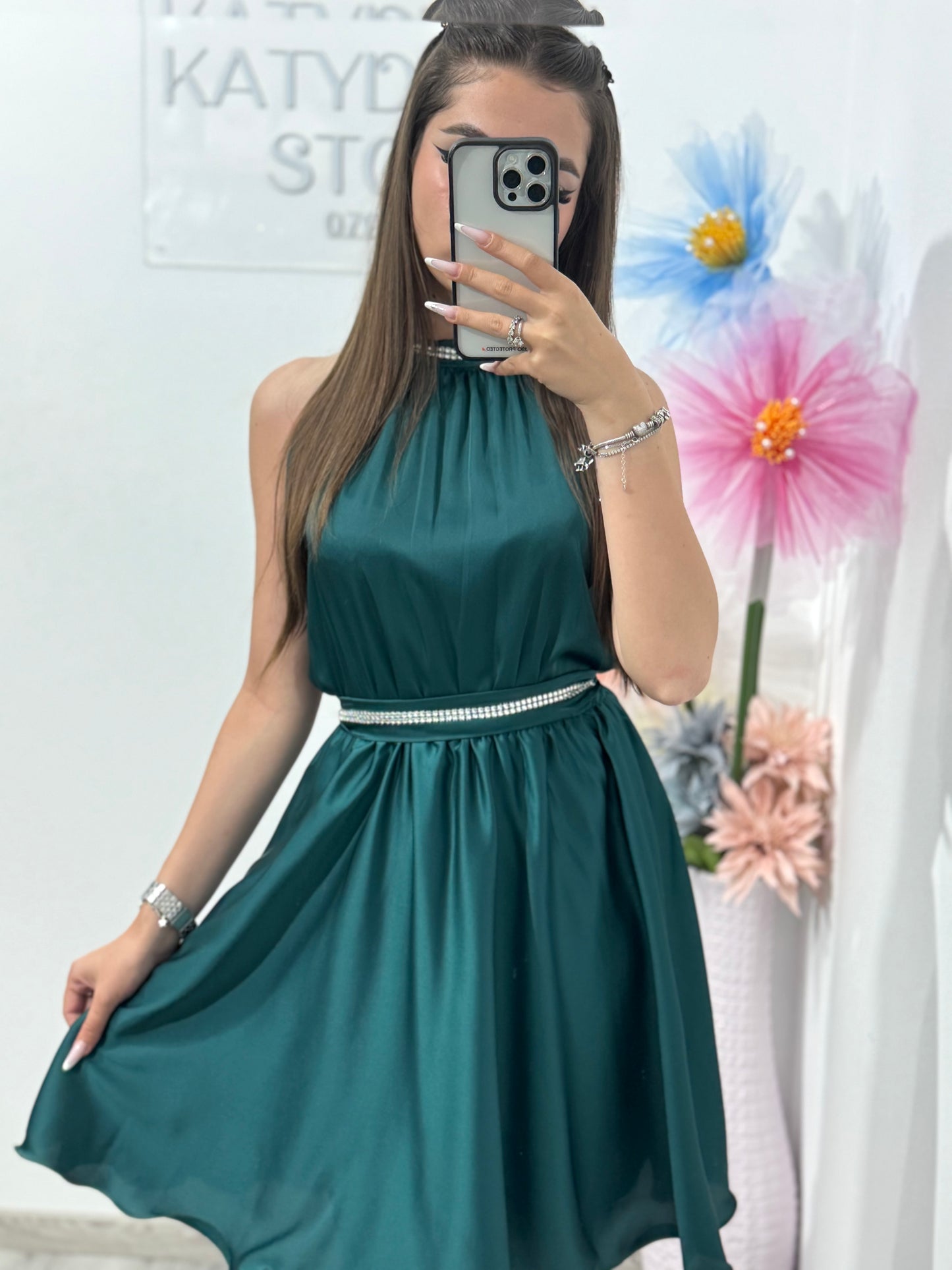 Rochie din satin verde negru Anastasia