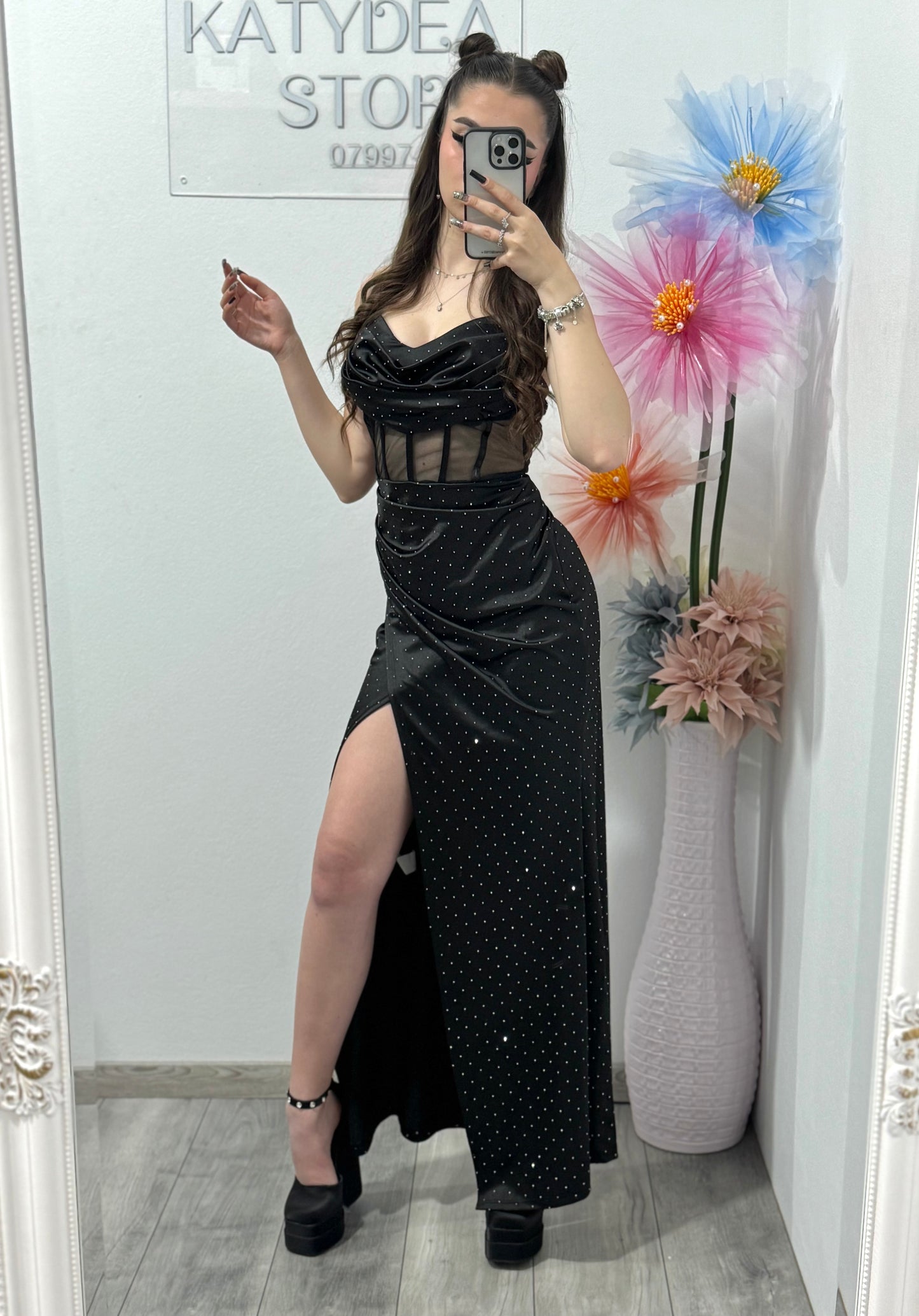 Rochie elegantă cu corset și cristale ștanțate neagră Alice