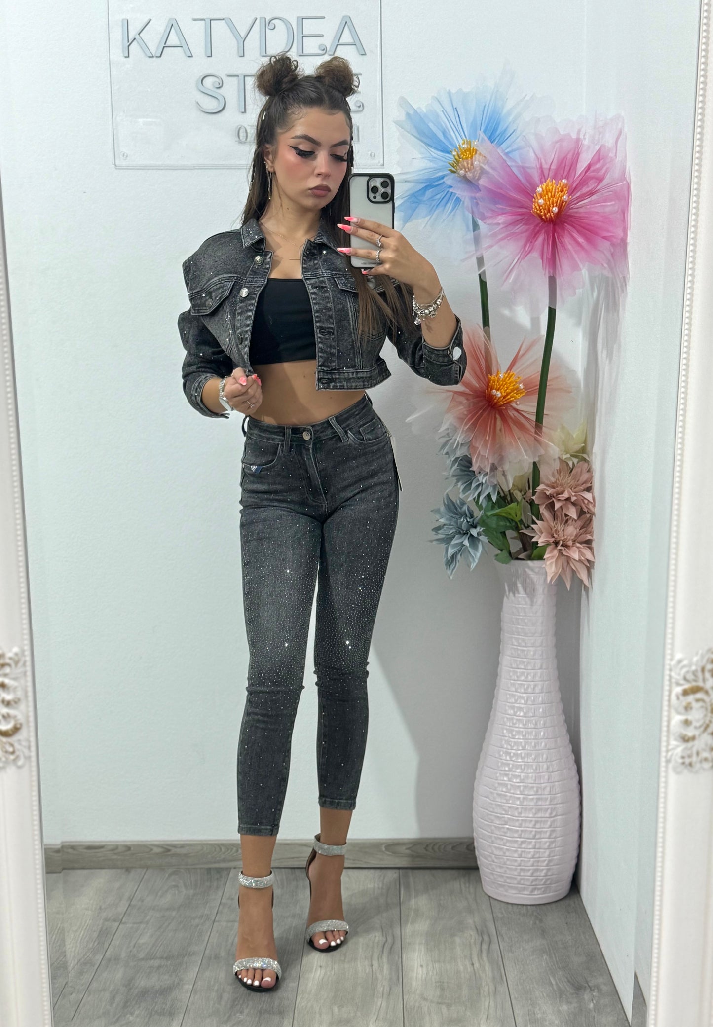 Jeans skinny grey cu cristale Anne