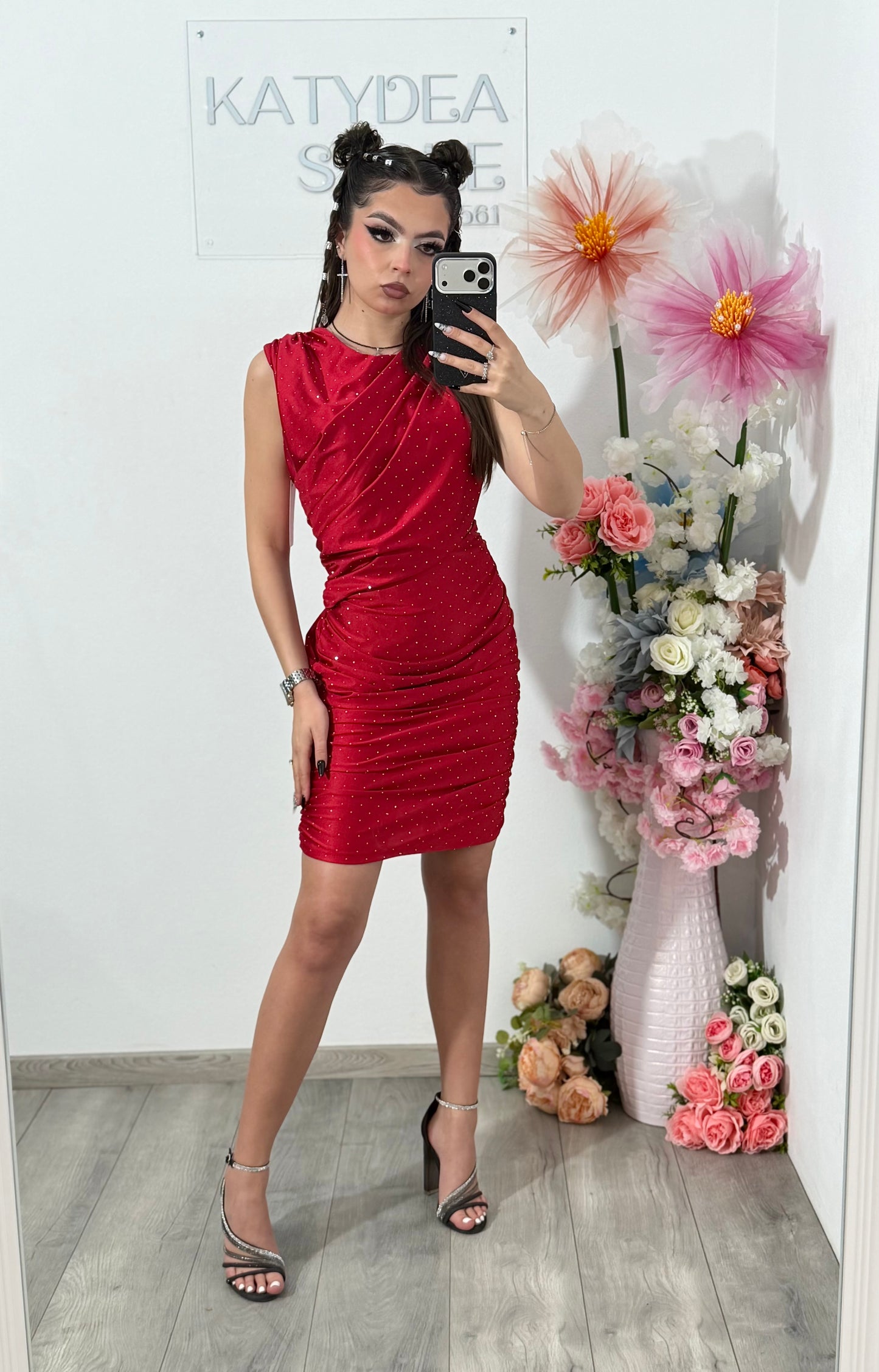 Rochie elegantă cu cristale ștanțate rosie SELENA