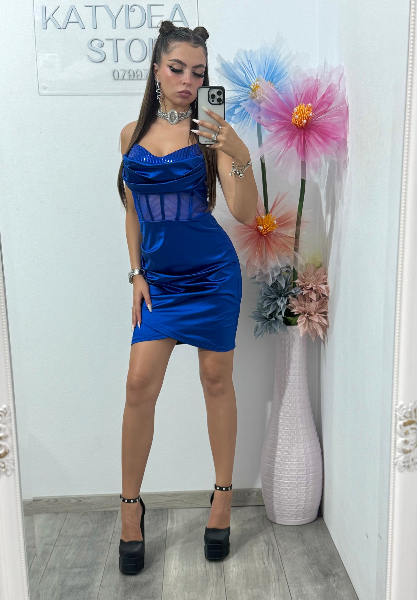 Rochie scurtă cu corset albastru electric Sofia