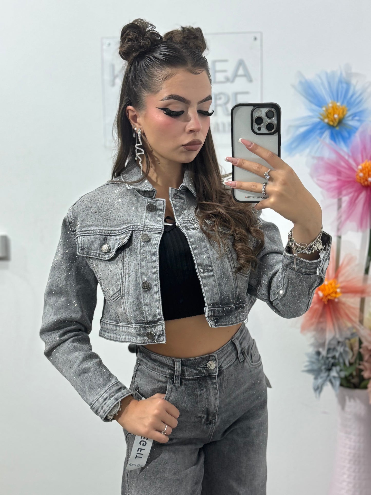 Geacă din denim cu cristale ștanțate gri Lorena