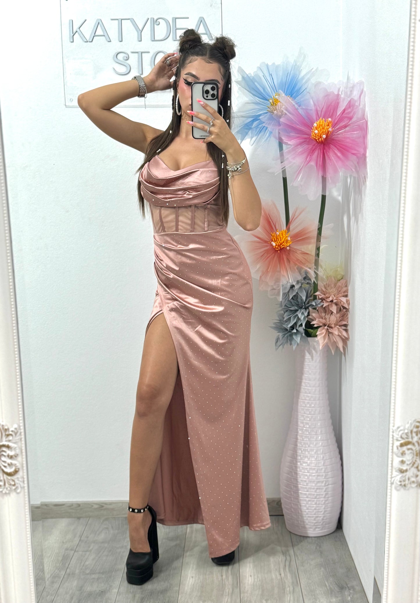 Rochie elegantă cu cristale ștanțate roz pudră Alice