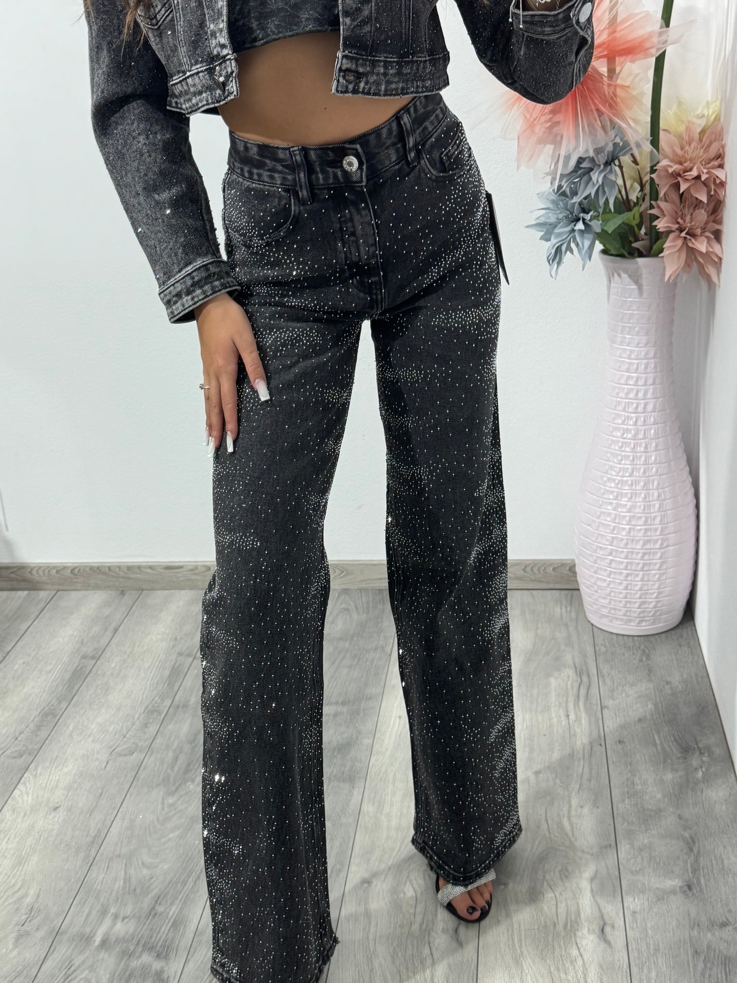 Jeans WideLeg cu cristale ștanțate Glam
