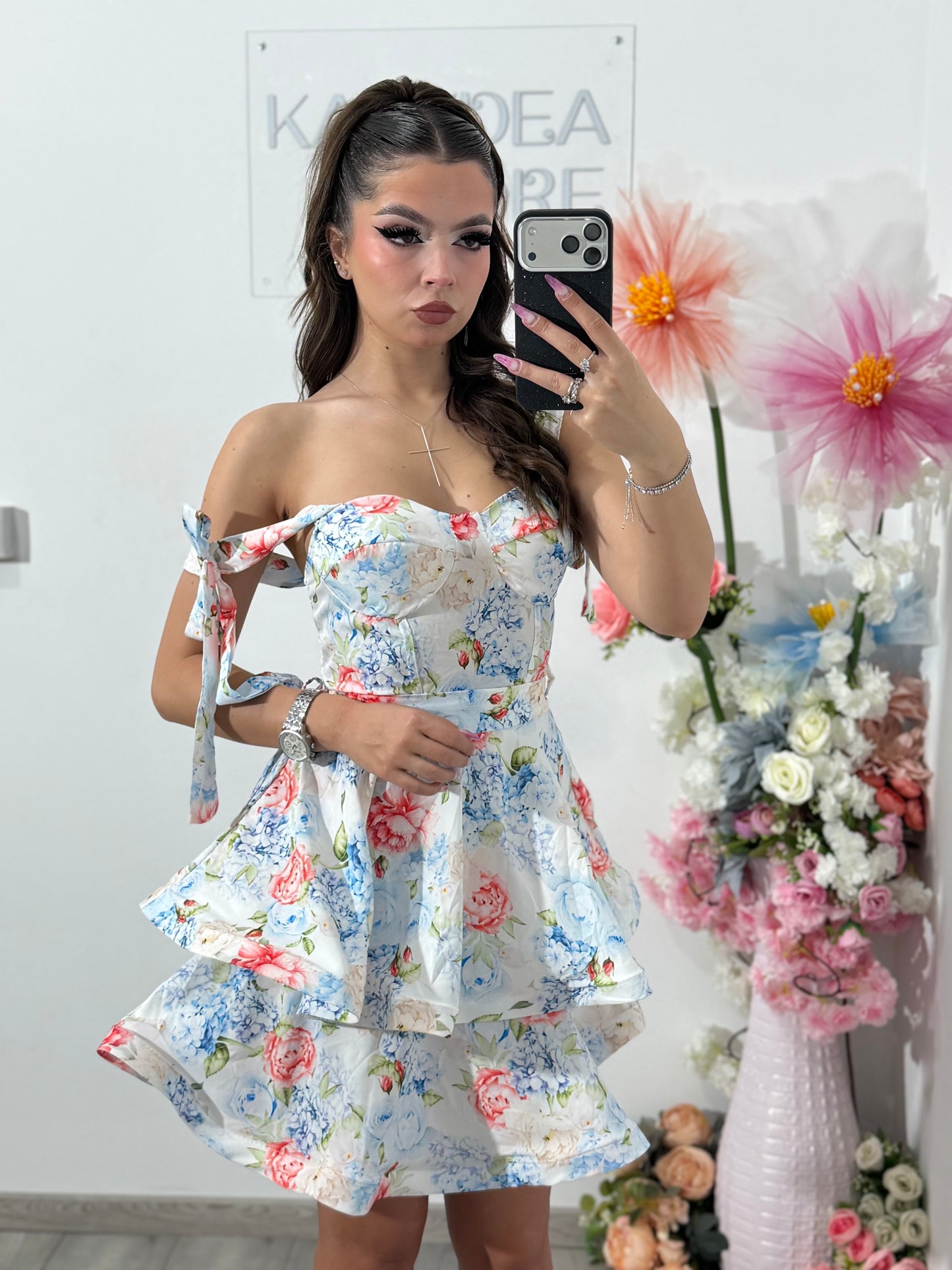 Rochie florală cu volane blue DEEA