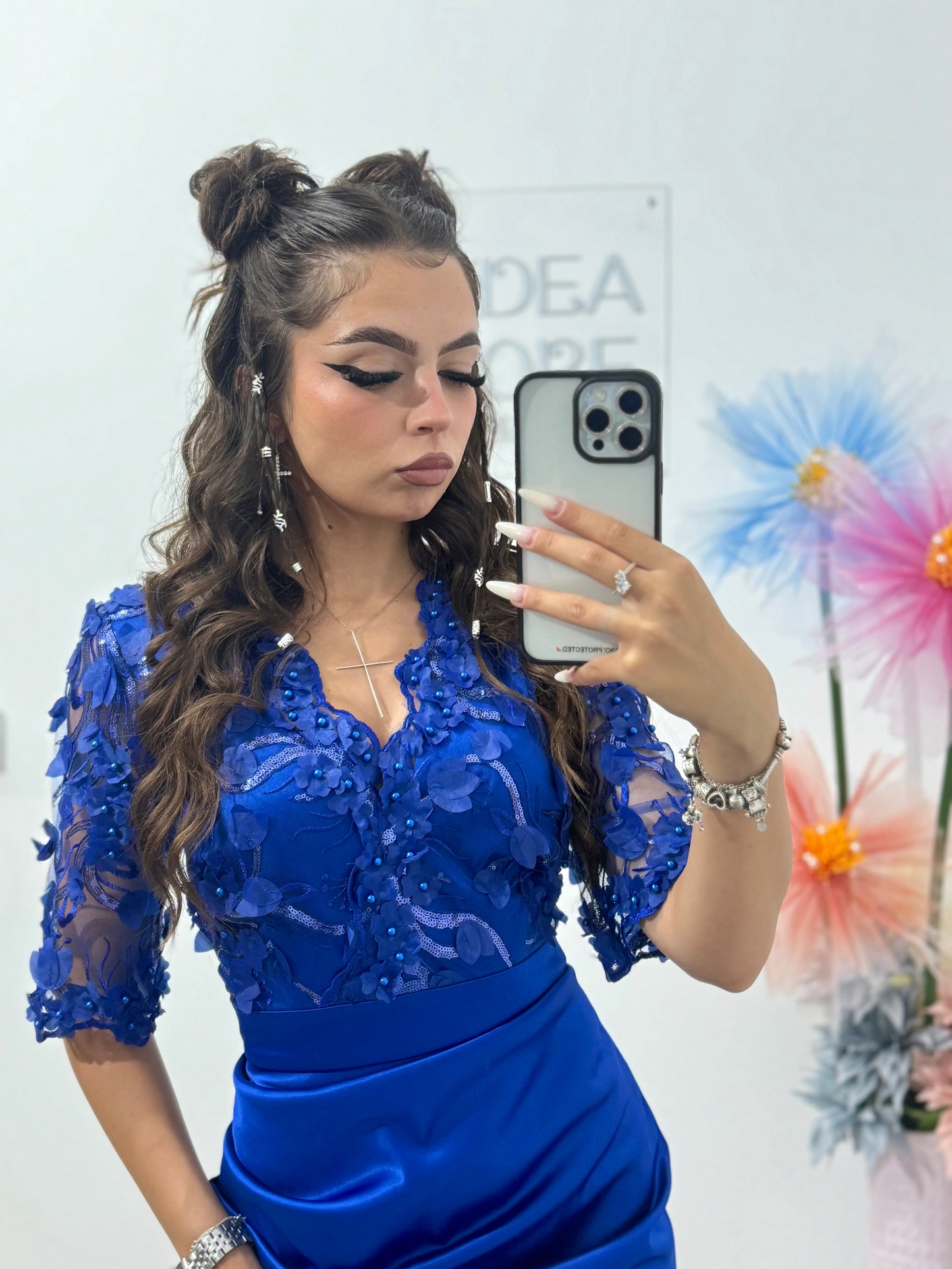 Rochie conică din tafta cu flori 3D albastru electric Aleyna