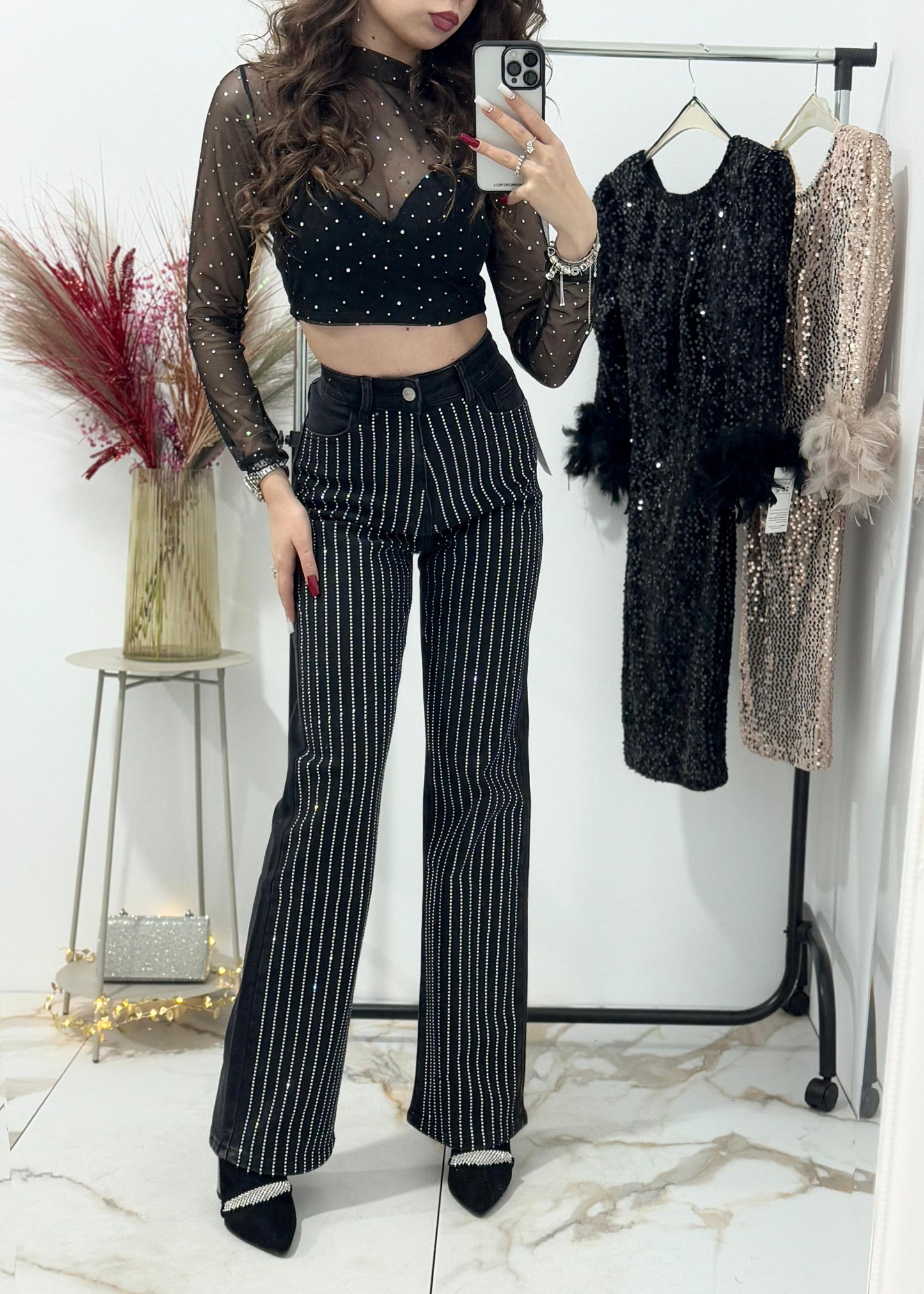 Jeans negru cu cristale stanțate