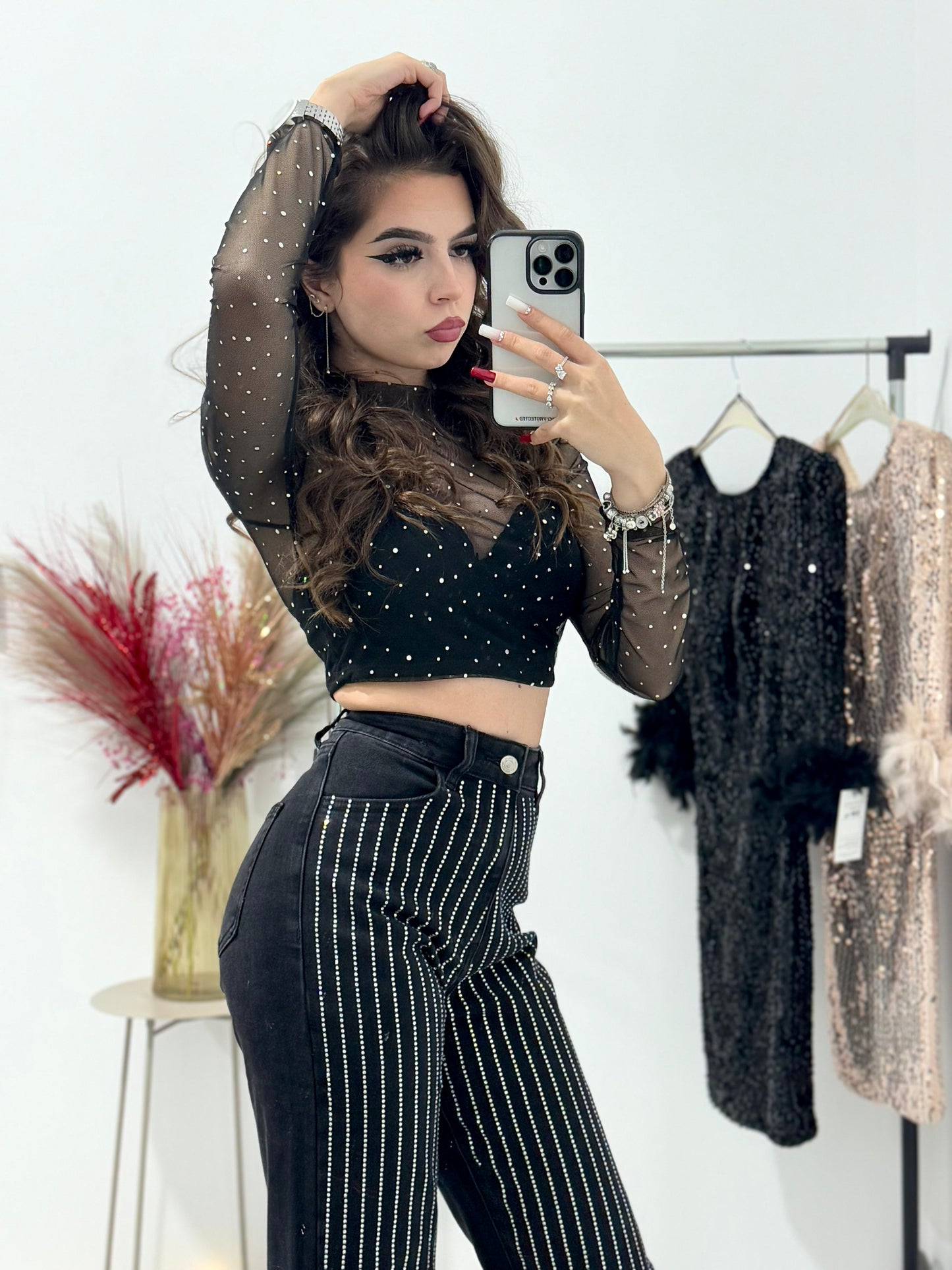Jeans negru cu cristale stanțate