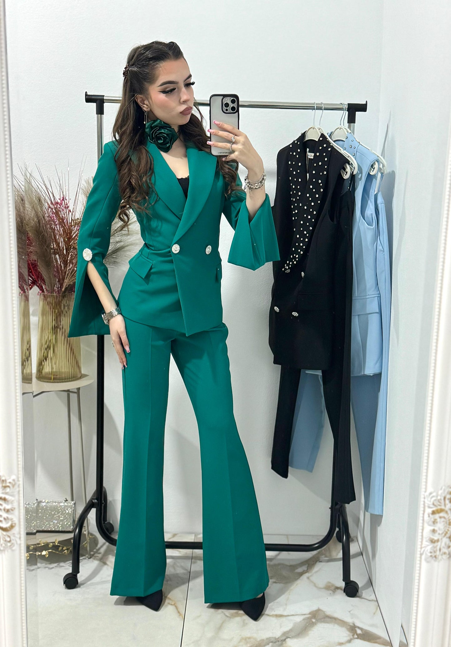 Costum verde cu pantalon evazat Ella