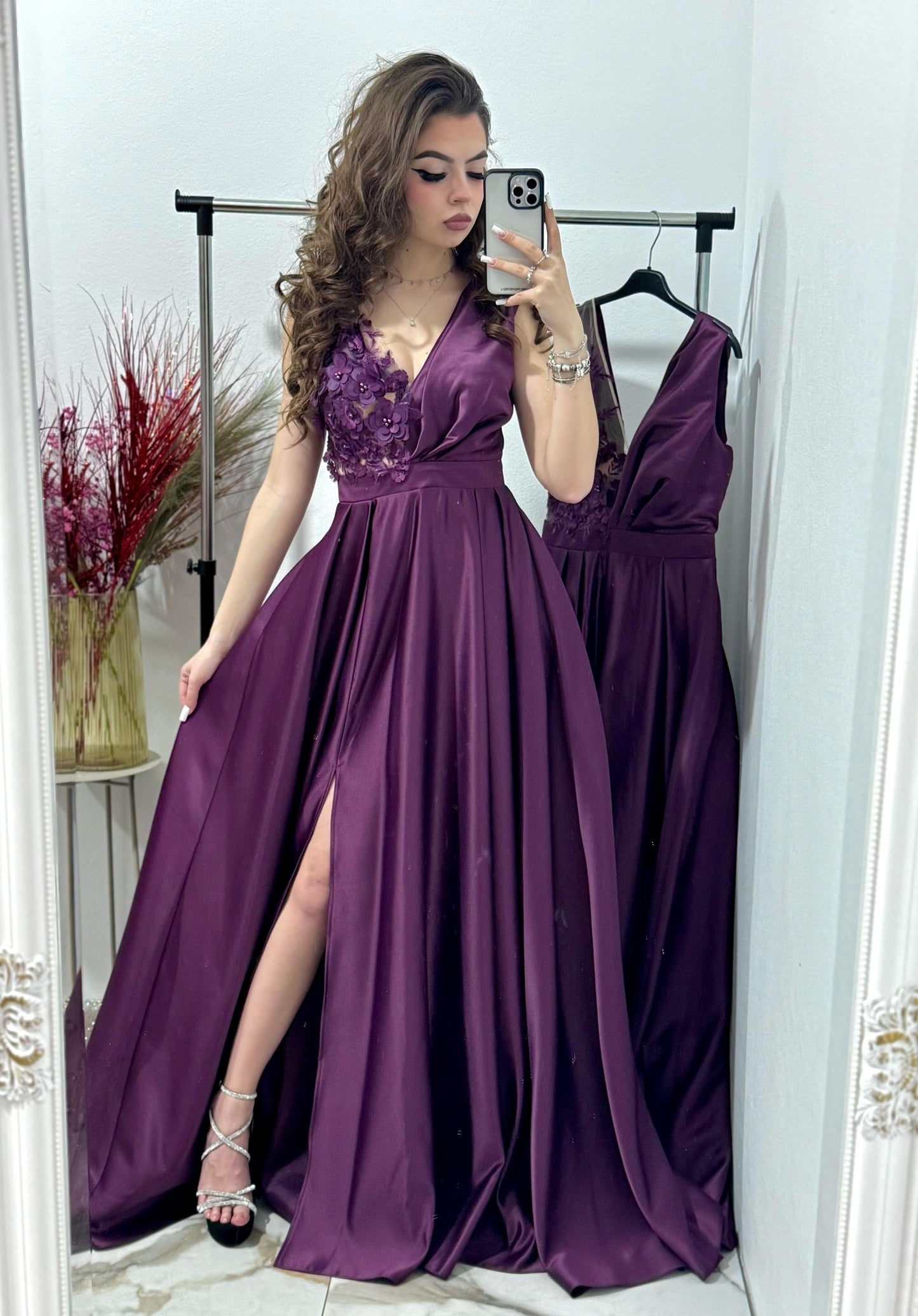 Rochie lunga cu dantela 3D mov-pruna Adette