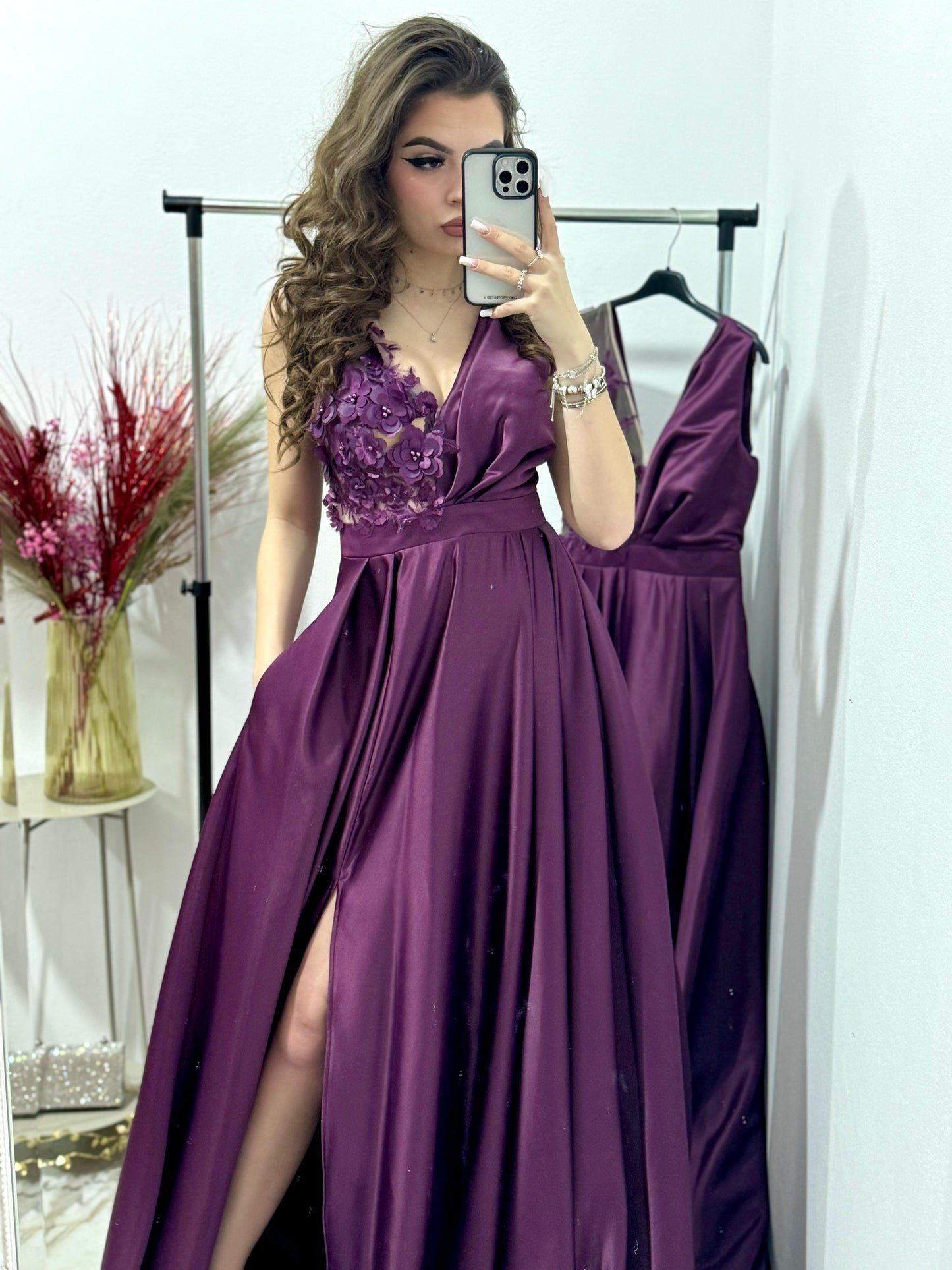 Rochie lunga cu dantela 3D mov-pruna Adette