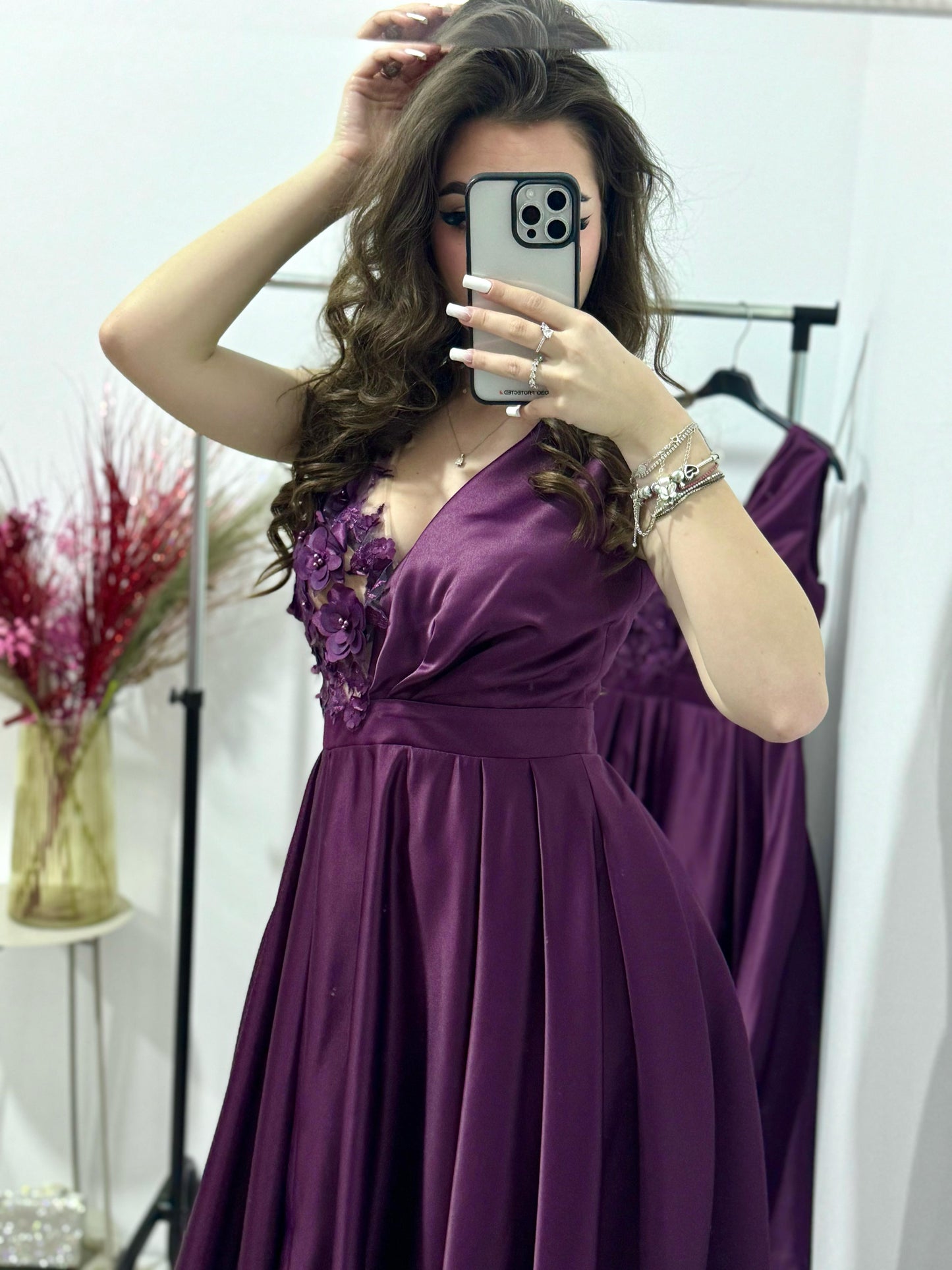 Rochie lunga cu dantela 3D mov-pruna Adette