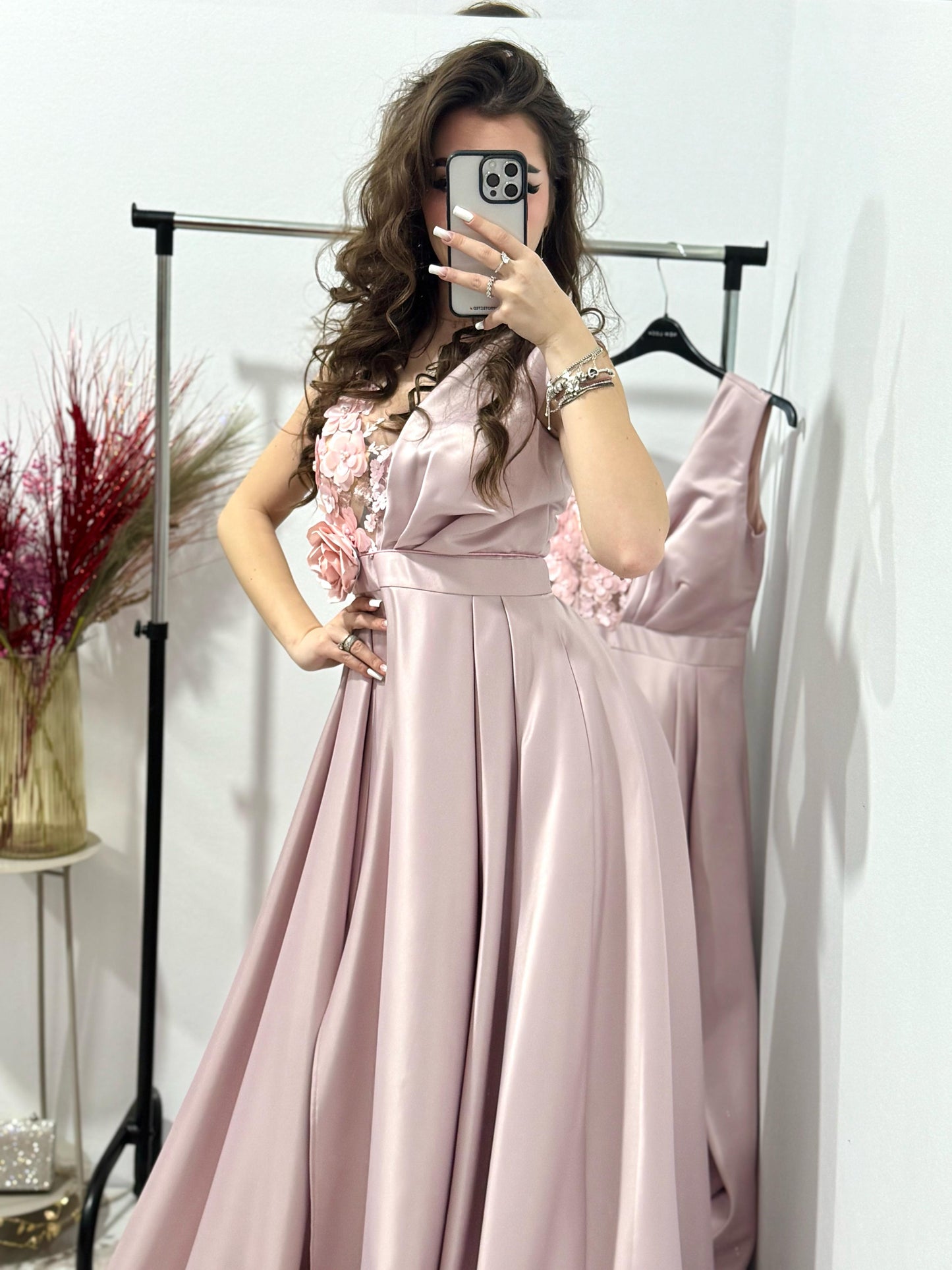 Rochie roz lunga cu dantela 3D