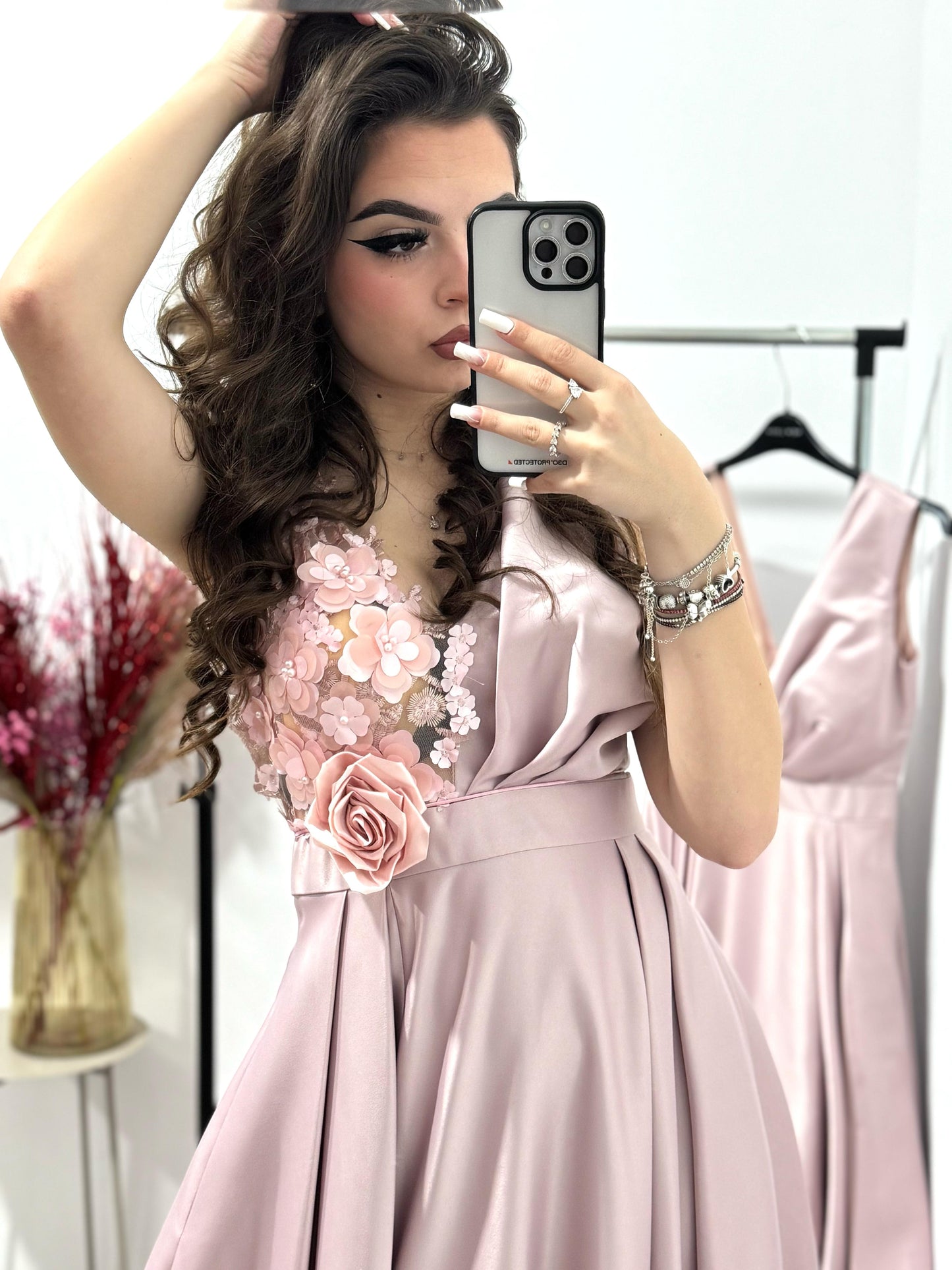 Rochie roz lunga cu dantela 3D