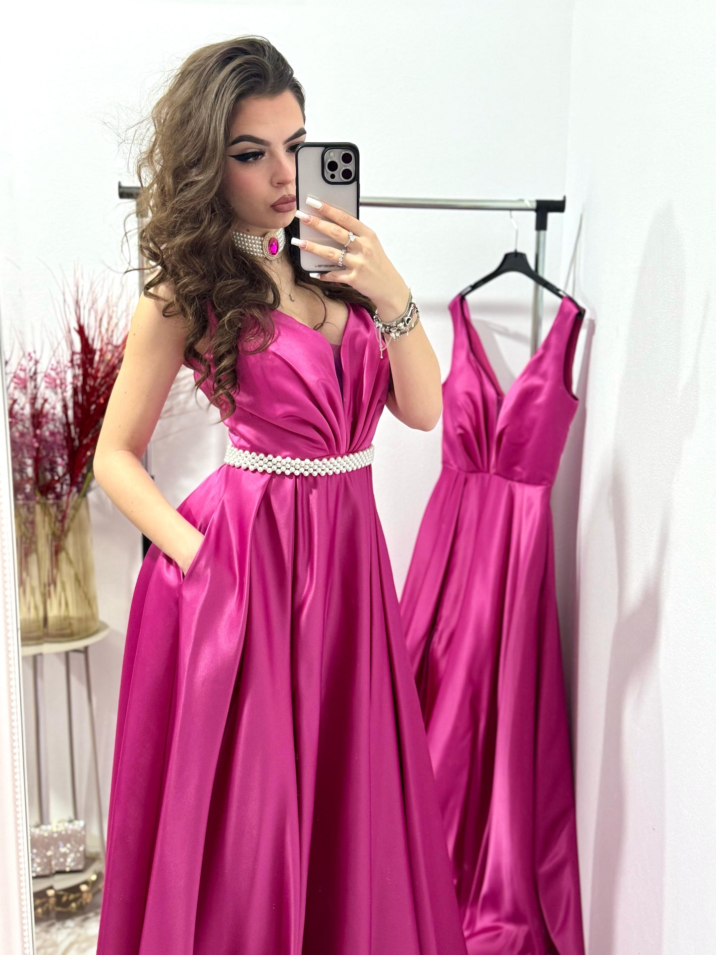 Rochie lunga fucsia din tafta Janice
