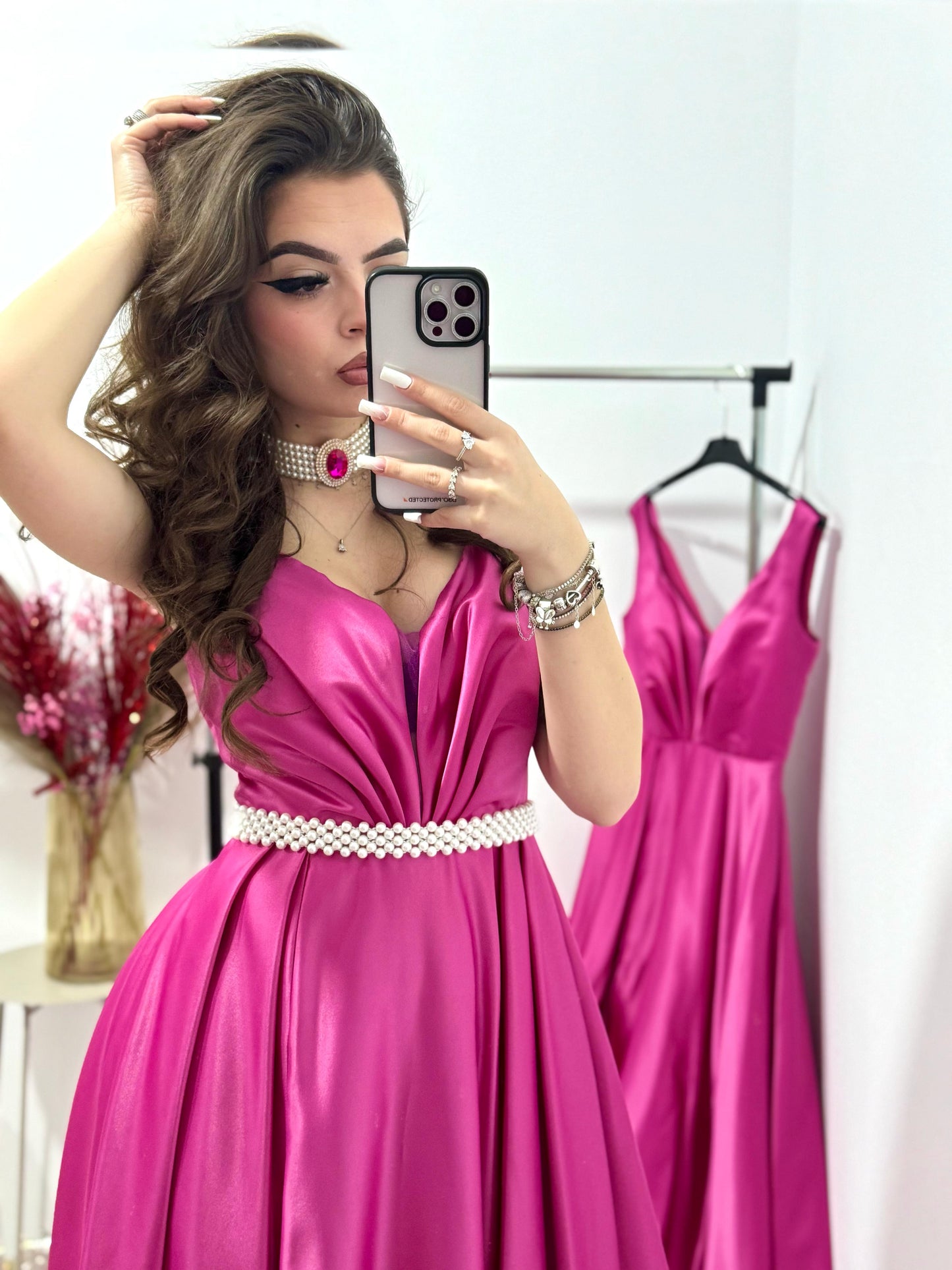 Rochie lunga fucsia din tafta Janice