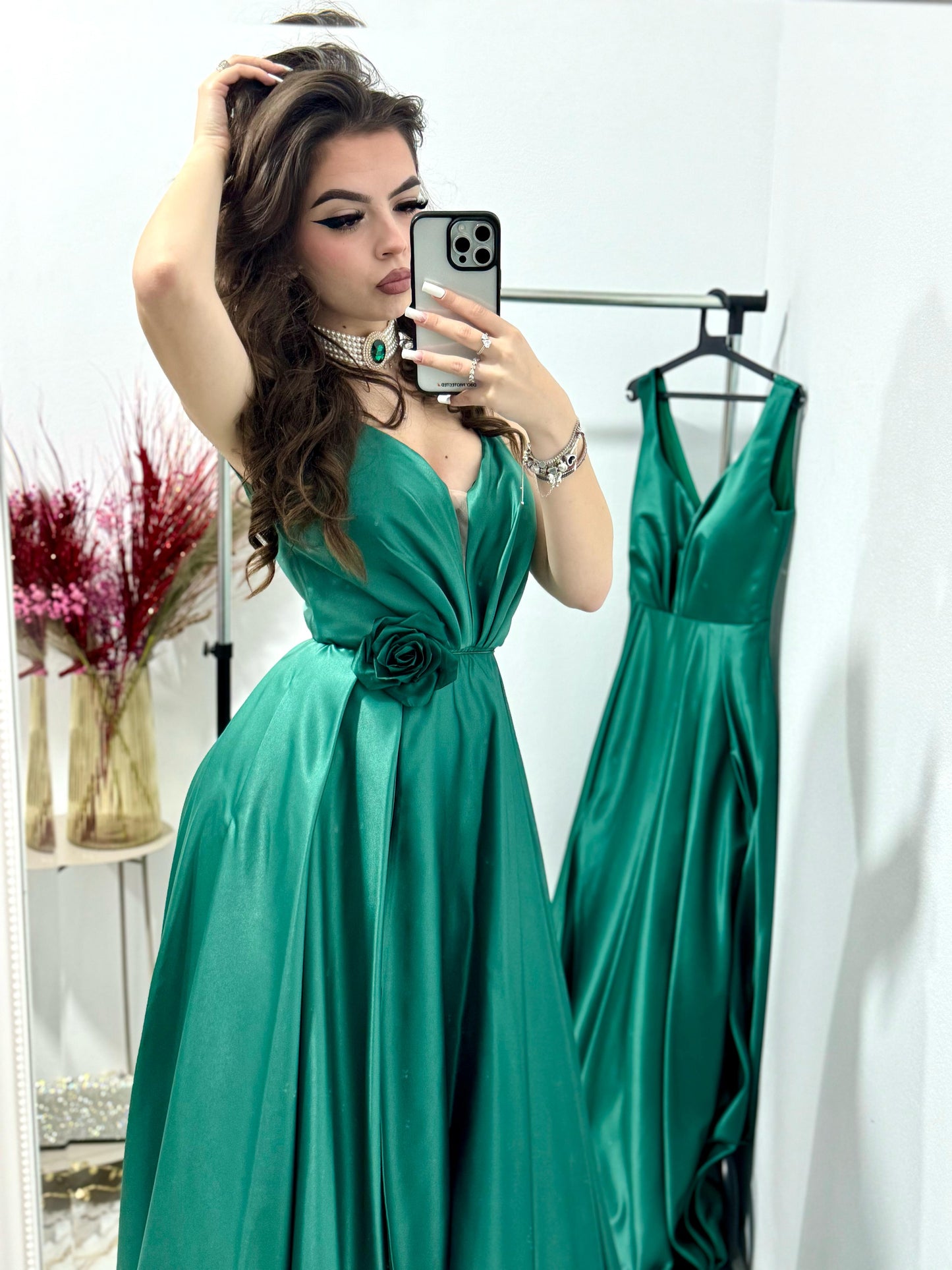 Rochie de seara ,lunga din tafta verde Janice