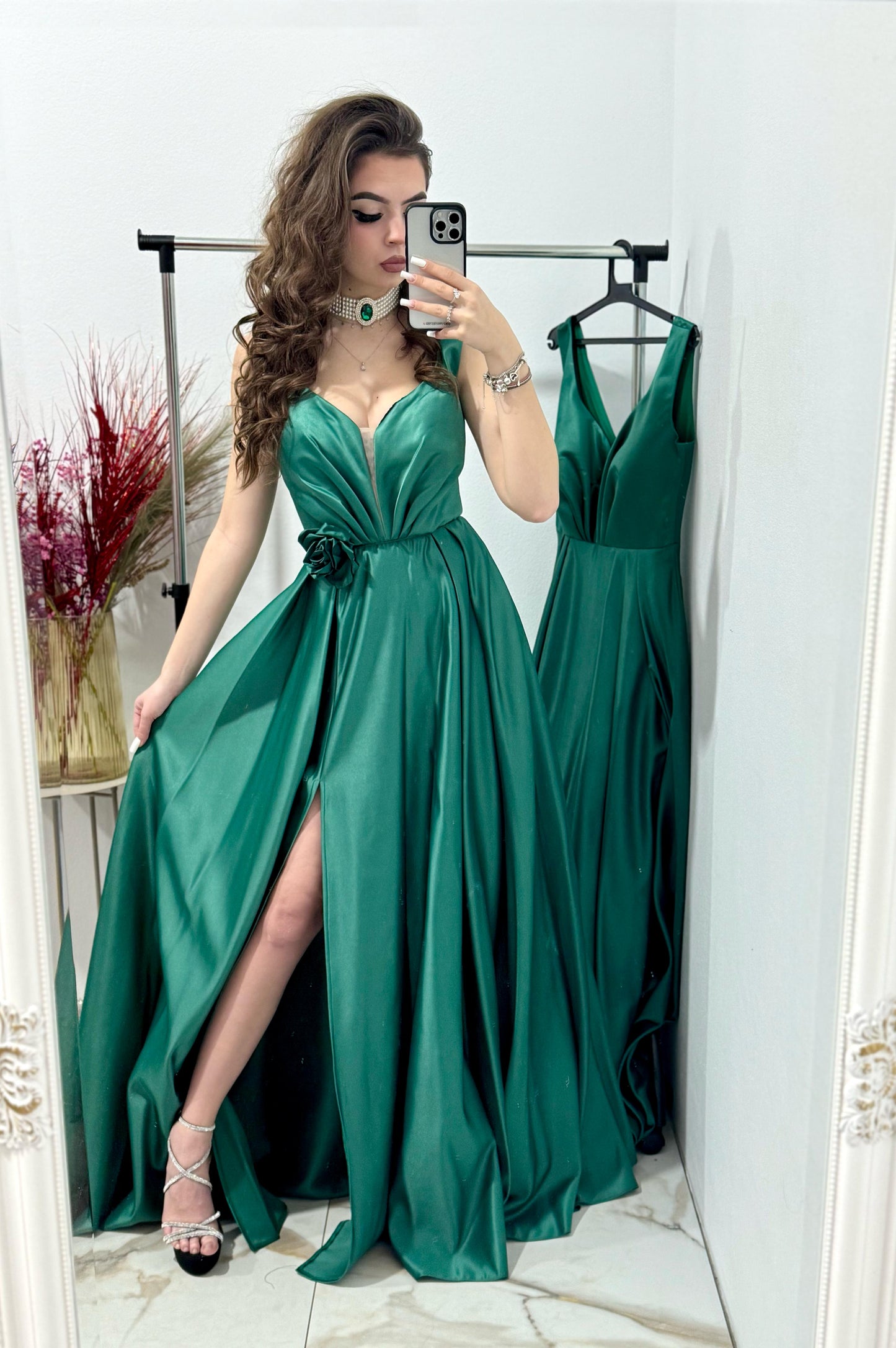 Rochie de seara ,lunga din tafta verde Janice