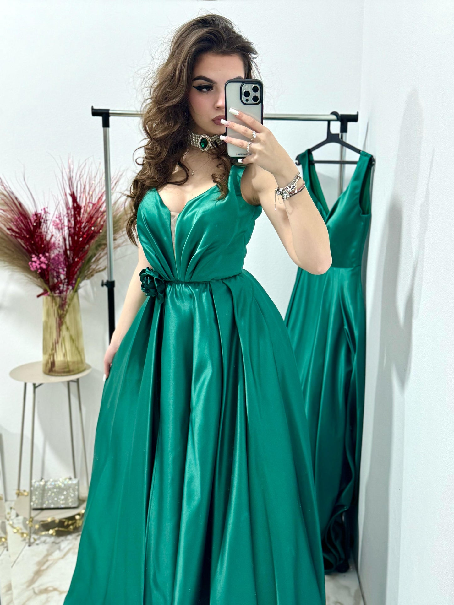 Rochie de seara ,lunga din tafta verde Janice