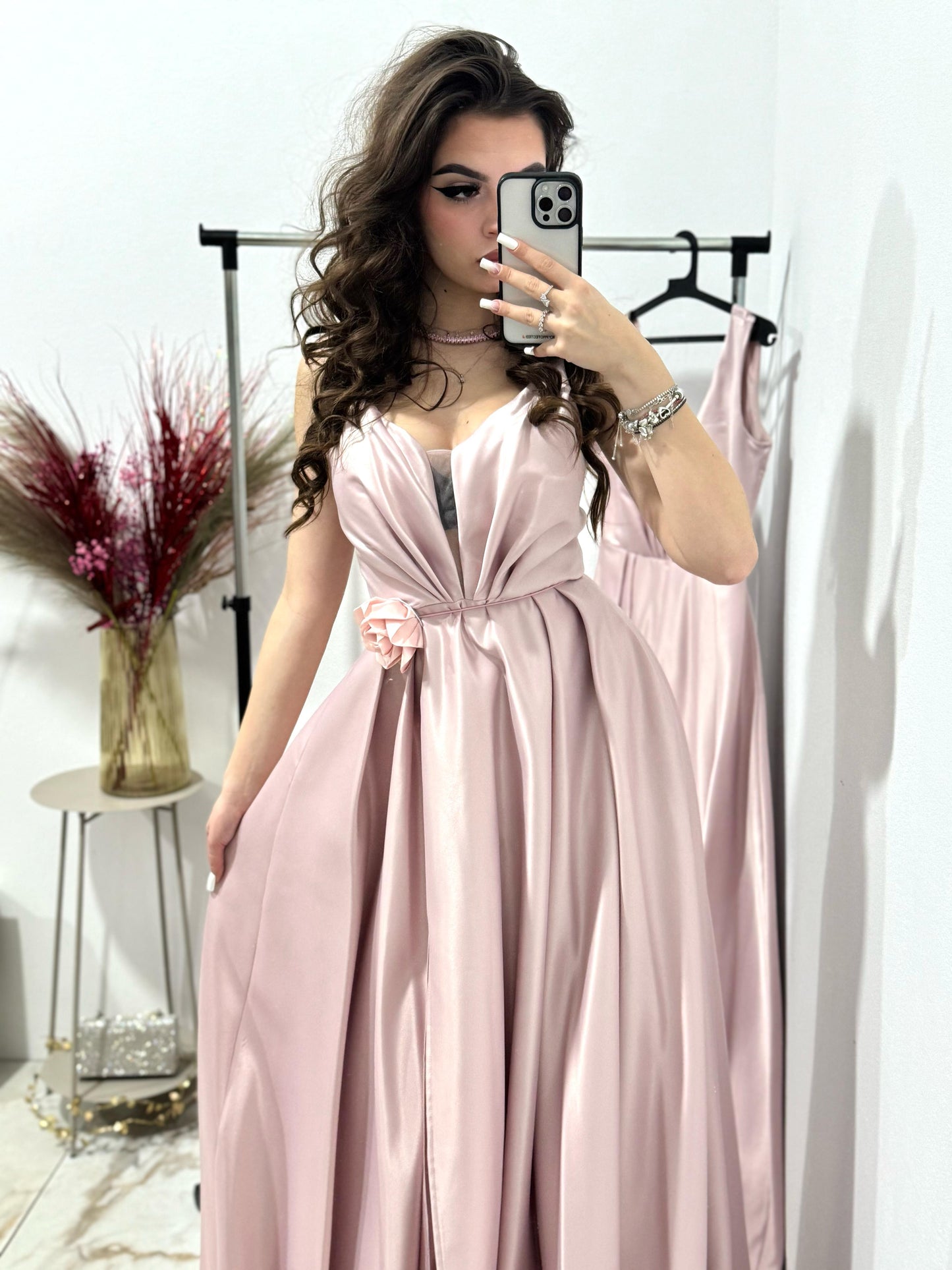 Rochie lunga din tafta roz Janice