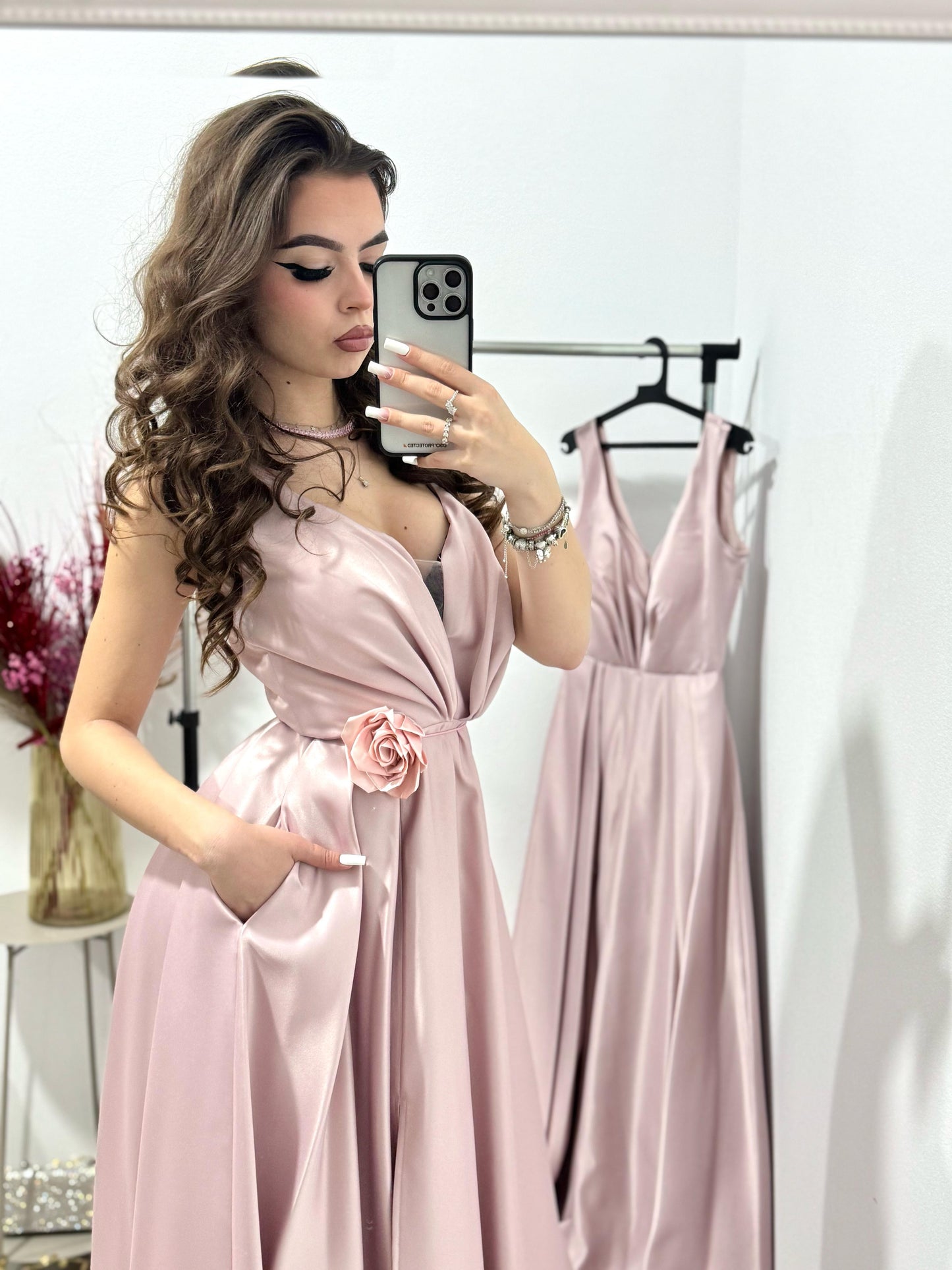 Rochie lunga din tafta roz Janice