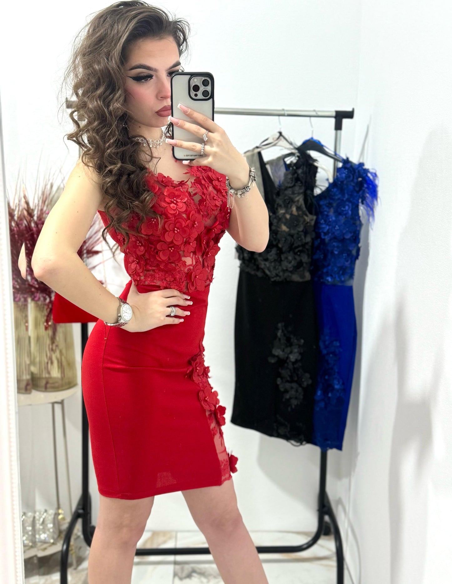 Rochie rosie eleganta cu dantela 3D Paulinne