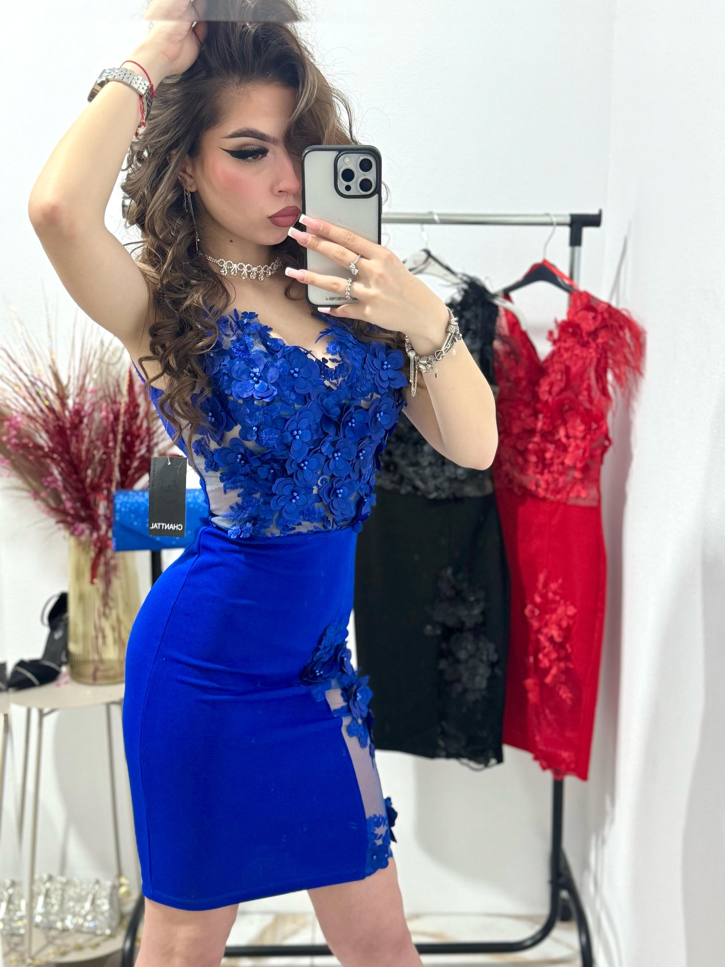 Rochie albastra,eleganta cu dantela 3D Paulinne