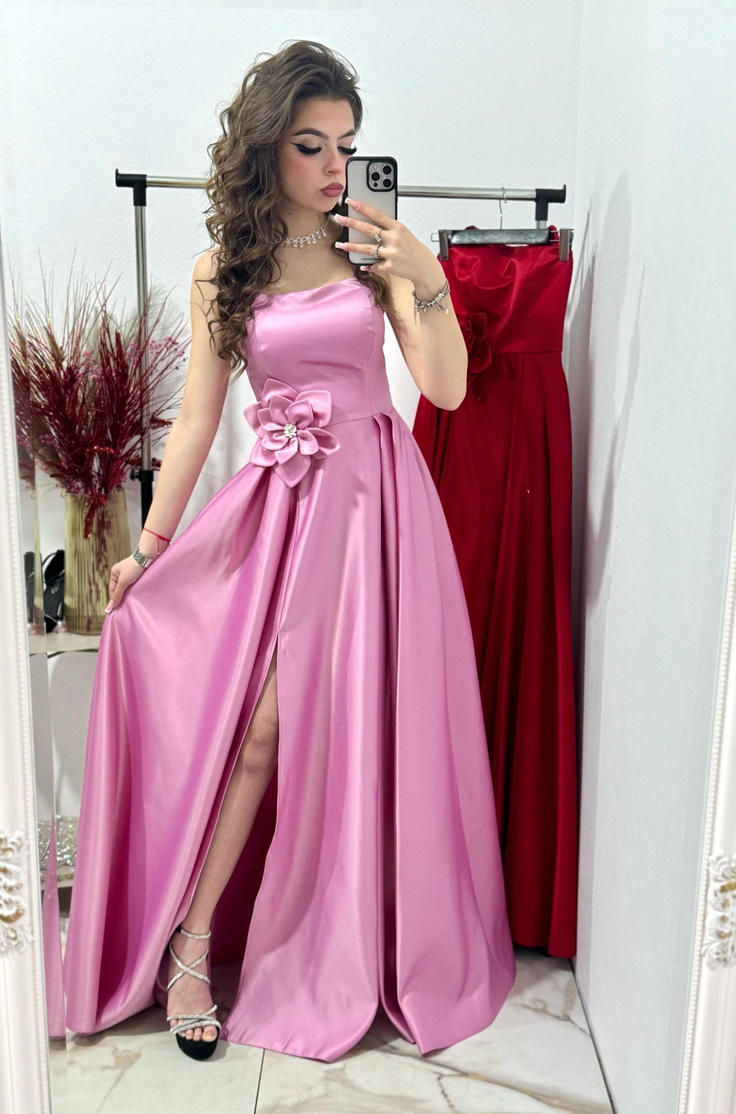 Rochie de seara,lunga din tafta roz plamaniu Victoria
