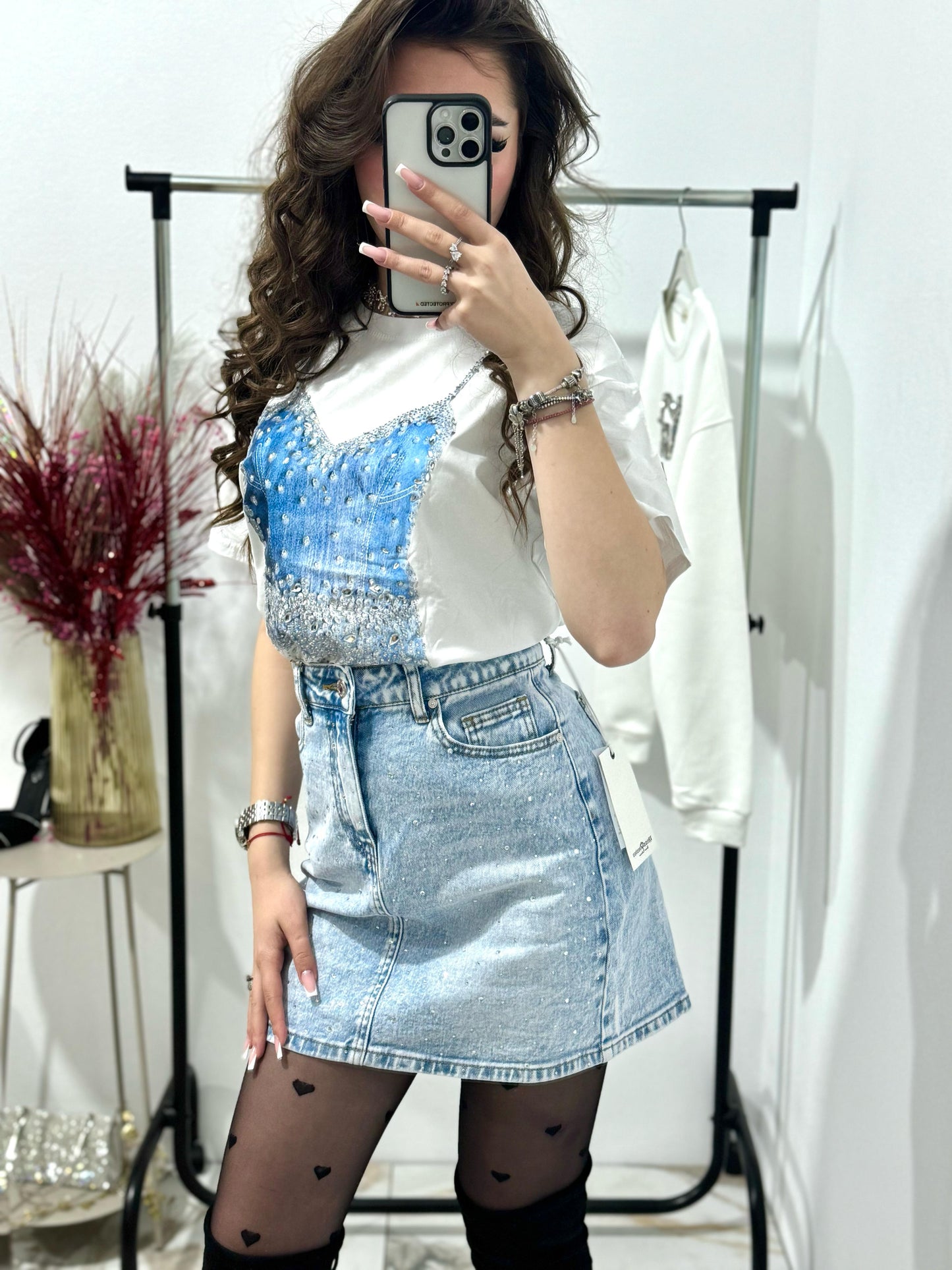 Fusta din denim cu cristale Felicia