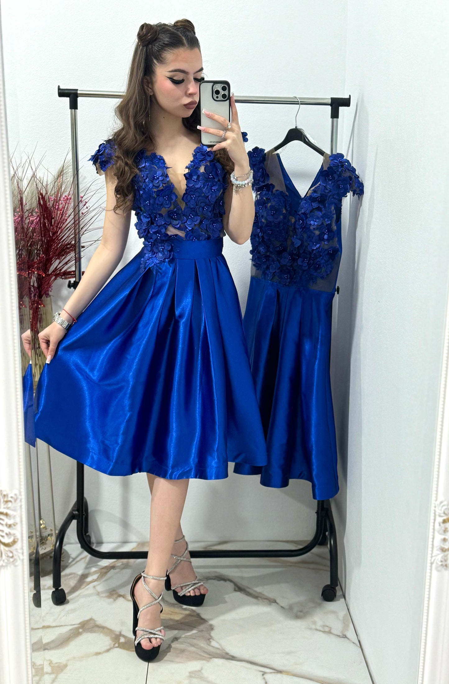 Rochie eleganta albastra Iris cu flori 3D