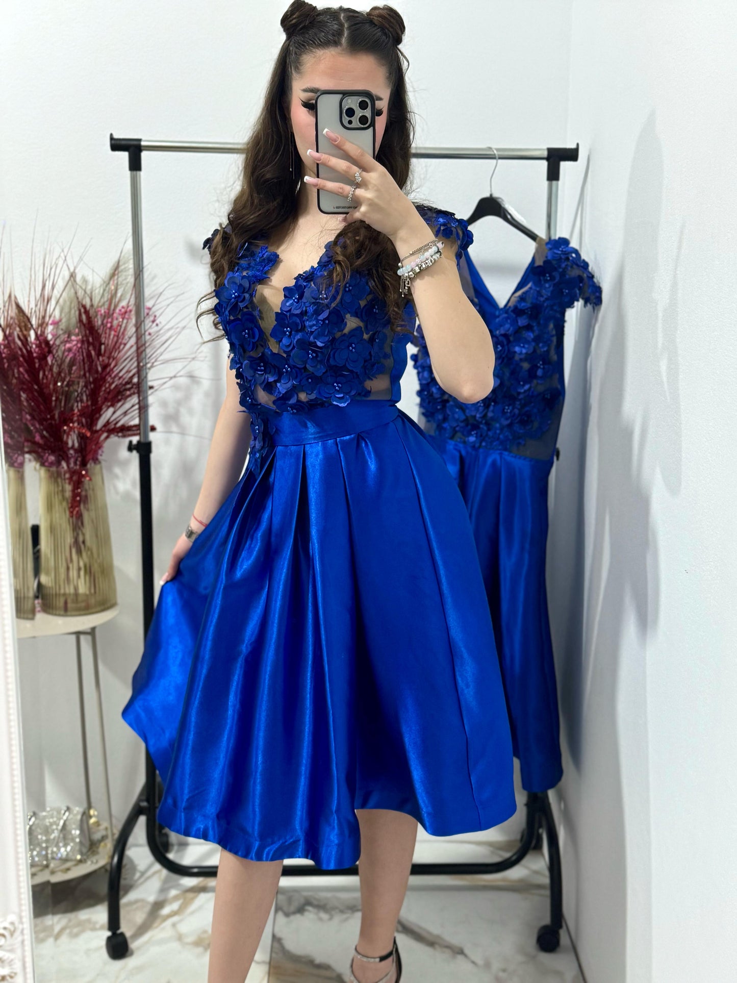Rochie eleganta albastra Iris cu flori 3D