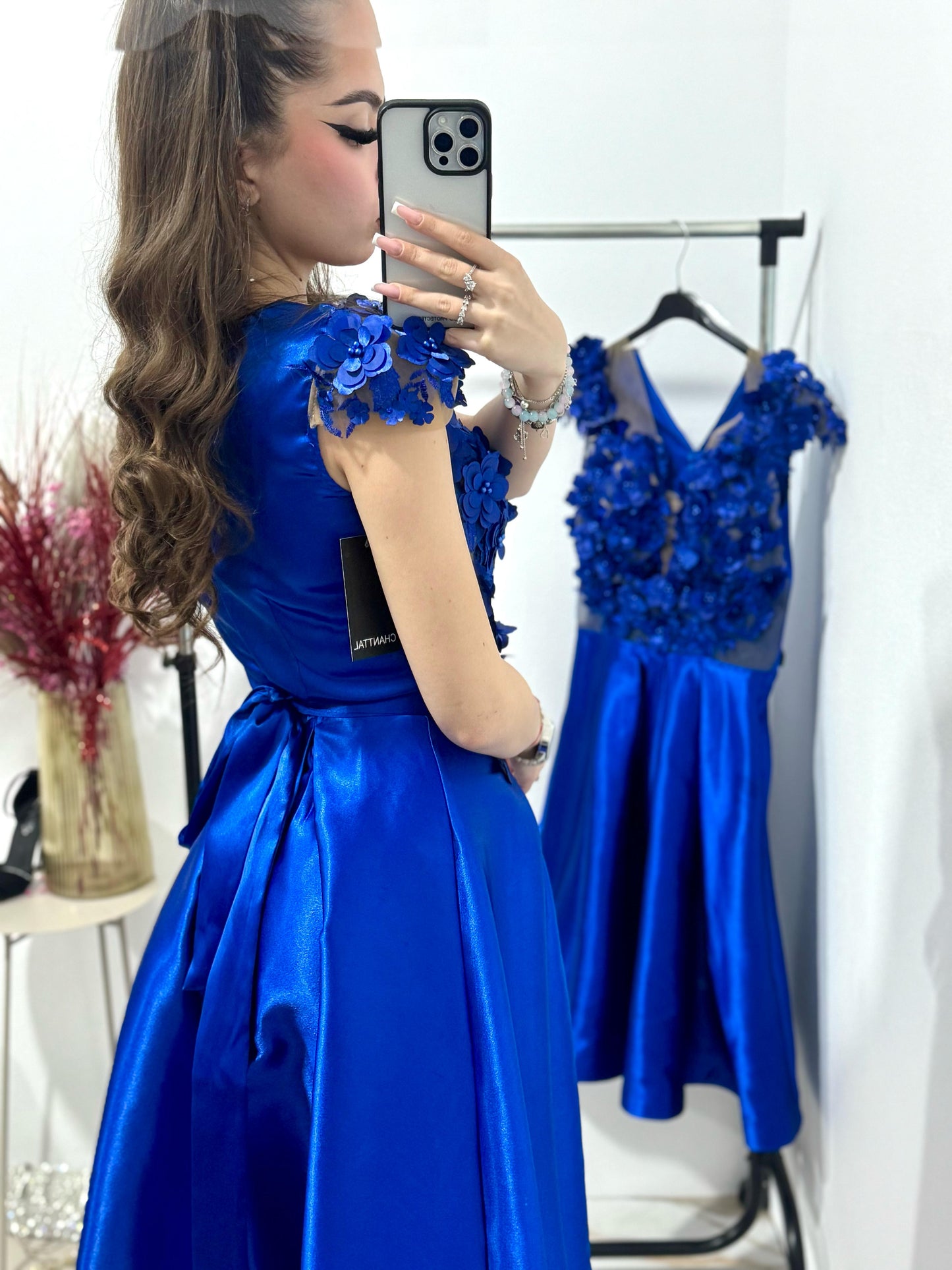 Rochie eleganta albastra Iris cu flori 3D