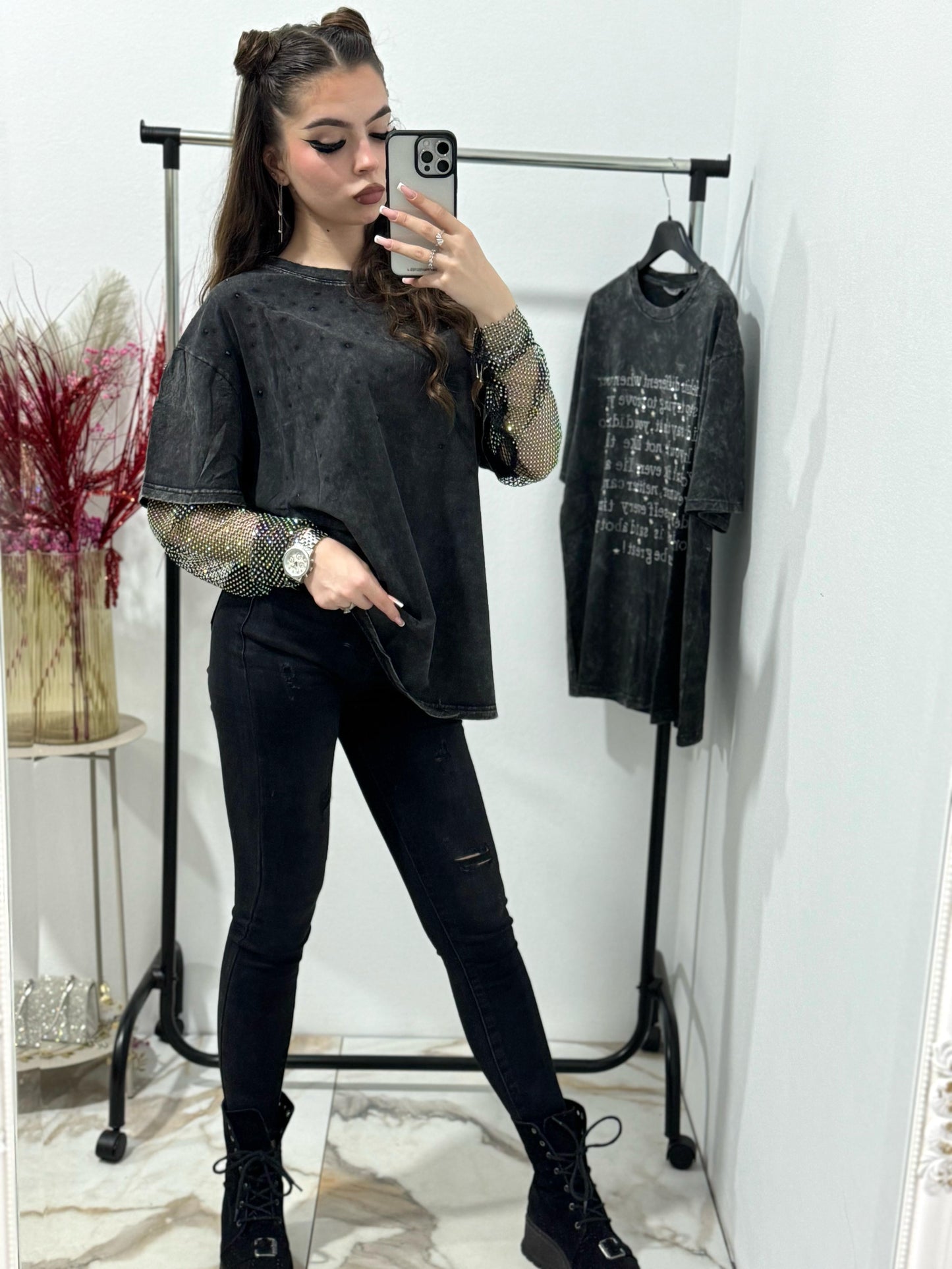 Tricou dama cu maneca din cristale