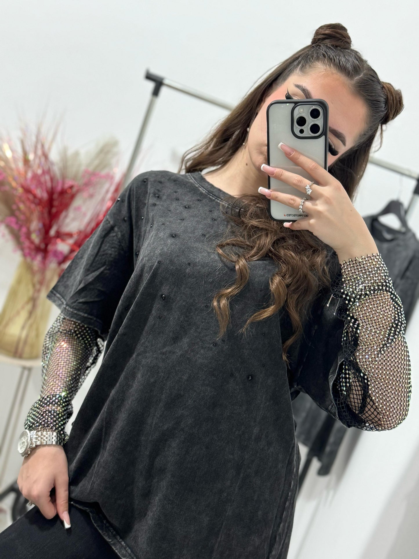 Tricou dama cu maneca din cristale