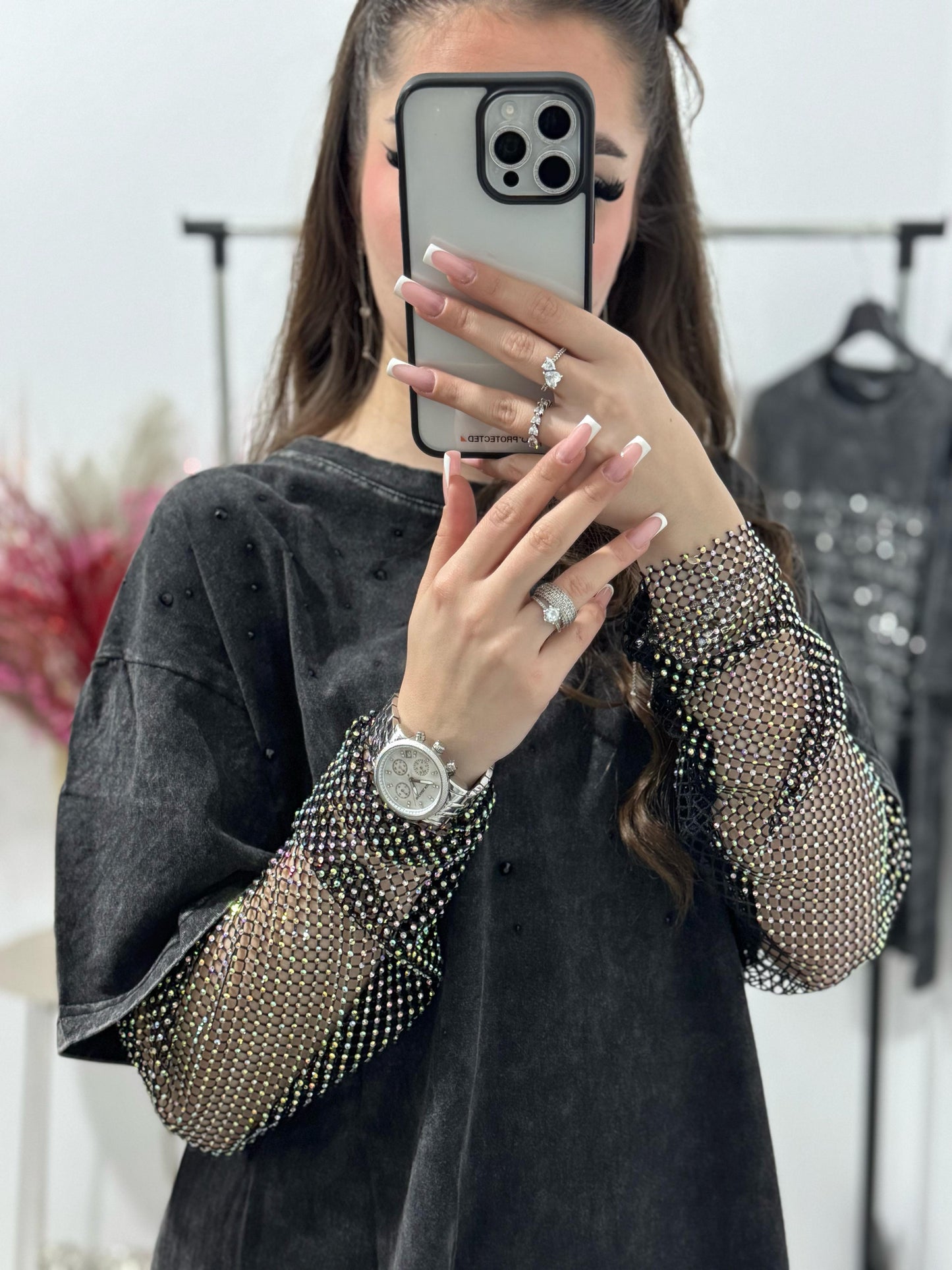 Tricou dama cu maneca din cristale